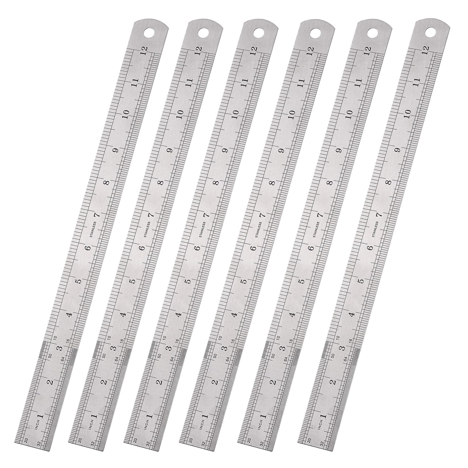 12 Inch Stainless Steel Ruler Multipack – Set of 6 Metal Ruler 30cm with Hanging Hole – Durable Straight Edge Measuring Tools for Office, School, Crafting, Engineers, and Architects