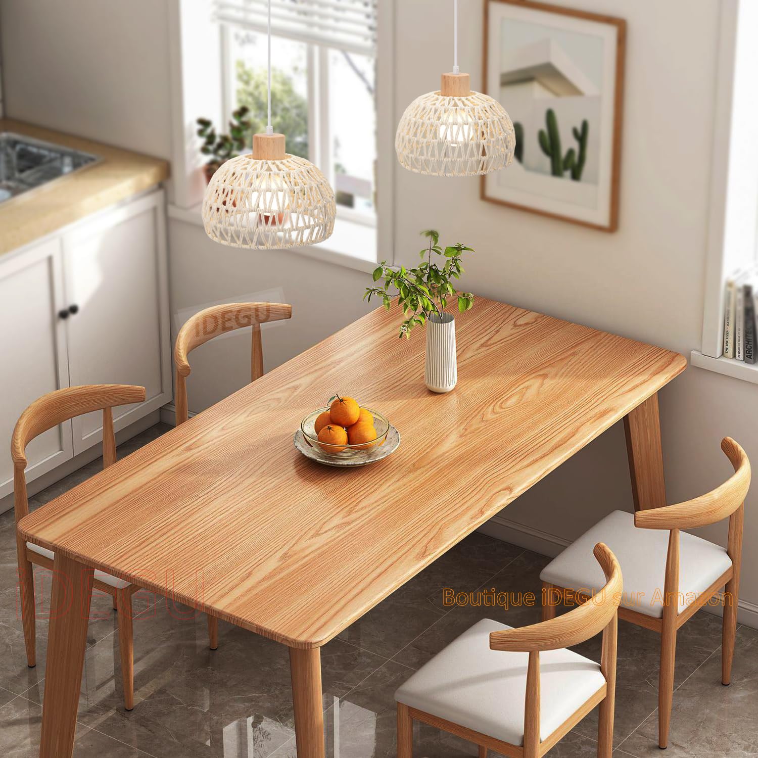 iDEGU Lustre Suspension Rétro Ø 25CM Suspension Luminaire Vintage Style Demi-Cercle Plafonnier E27 en Bois et Rotin Lampe Suspension pour Salon Chambre Salle à Manger Cuisine Café Bar (Blanc)