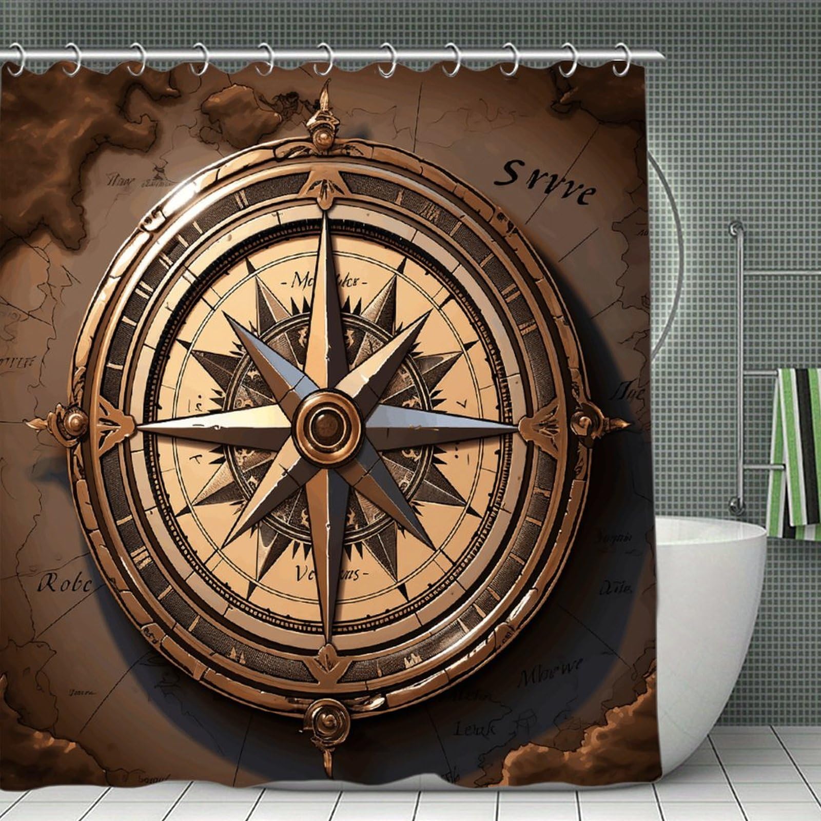 VstaDank Compass Wind Road Map Shower Curtain Waterproof Bathroom Shower Curtain with C Type Hooks Soft Lightweight Shower Curtains Liner Washable Polyester Cloth Shower Liner 71x71 Inch