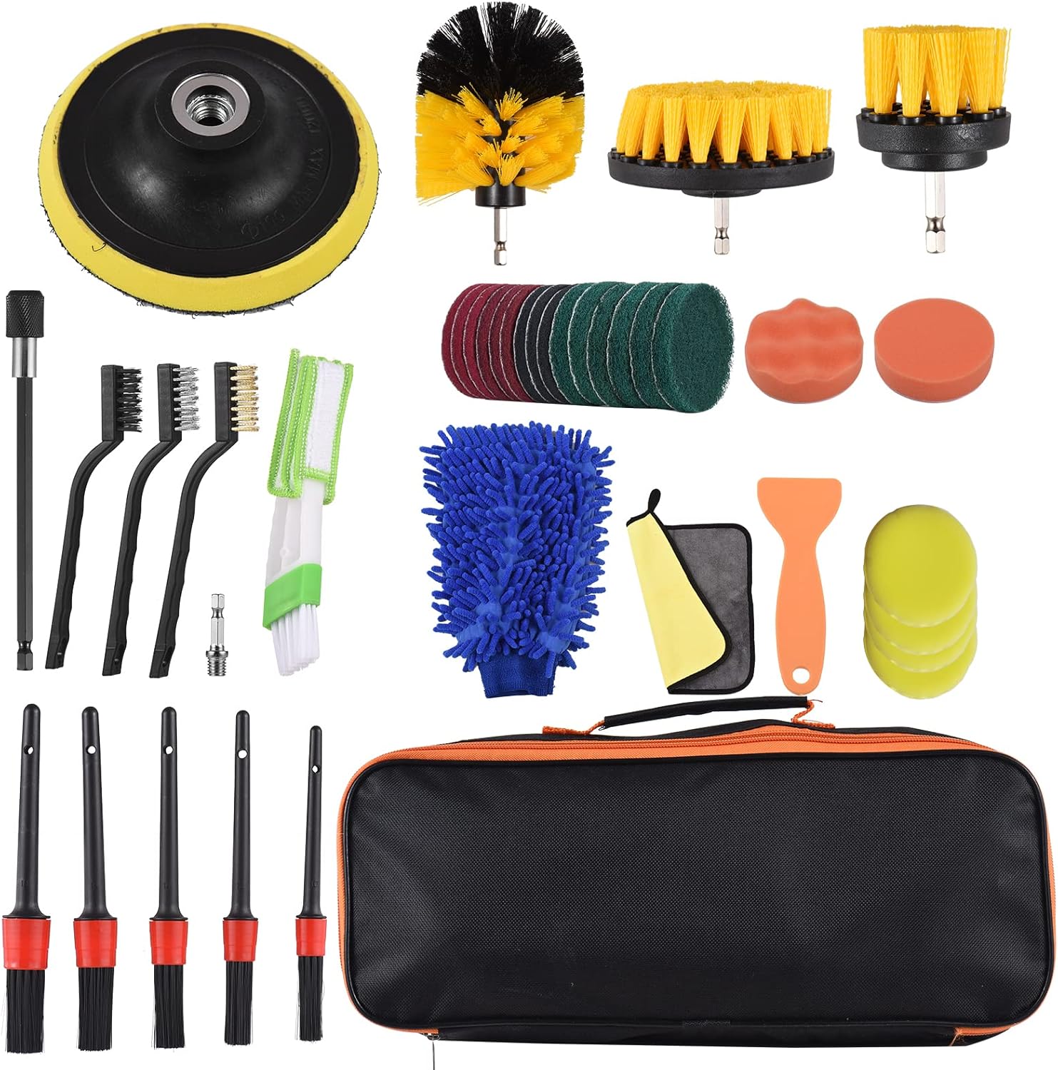 40PCS Drill Brush Attachments Car Detailing Brush Kit for Auto Exterior and Interior Includes Scrub Pads Sponge Pads Washing Mitt Air Vent Brush Extension Rod Household ing Set for Cars