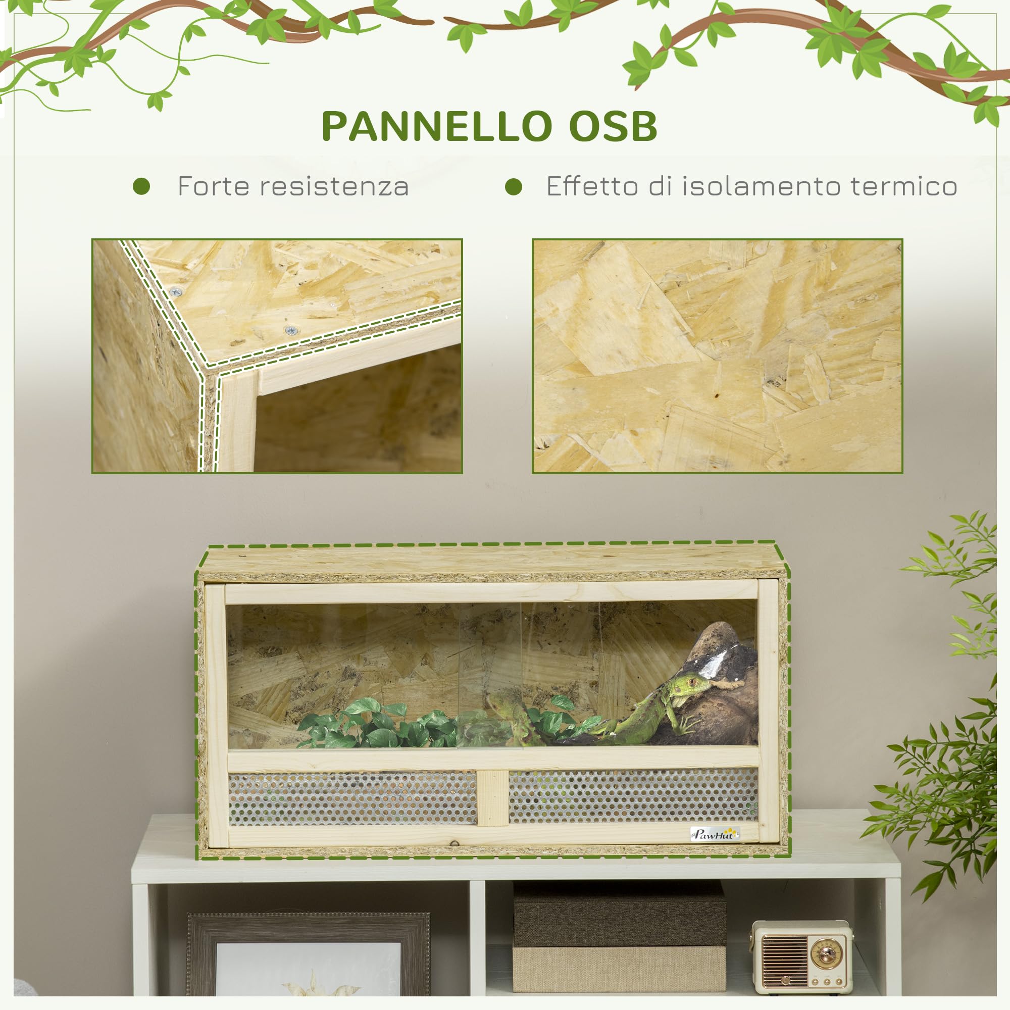 PawHut Terrario per Rettili in Legno, Teca per Rettili con Porte in Vetro Scorrevoli e Pannelli in Rete, Rettilario Multiuso, 60x29.5x29.5 cm, per Lucertole, Camaleonte, Serpente