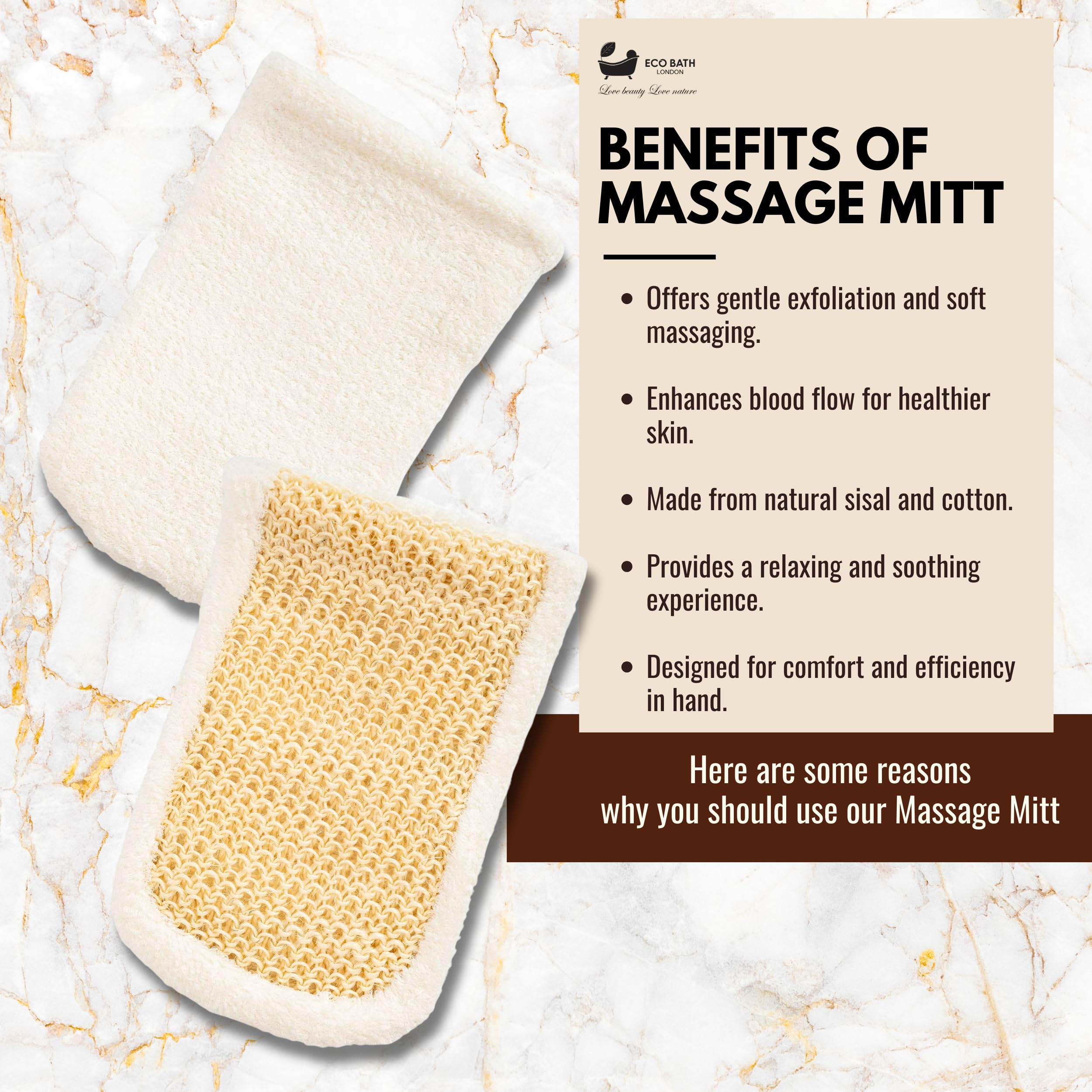 Eco Bath London Guante de masaje de bambú y algodón, guante exfoliante hecho a mano de primera calidad para exfoliación corporal, guante exfoliante para piel suave, algodón natural y bambú
