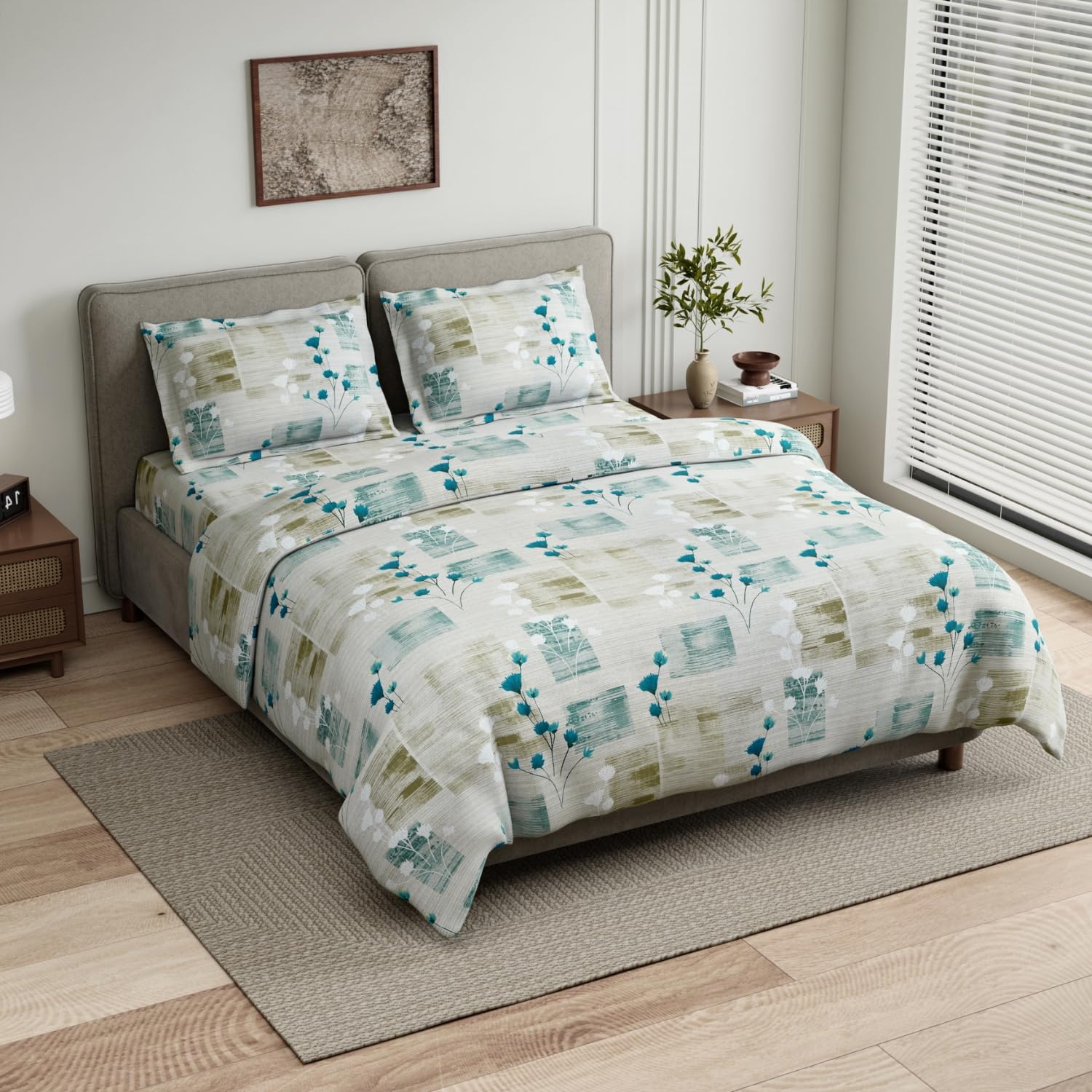 Haus & kinder Double Bedsheet for Queen Size Bed | 90 x 100 Inches 144 TC Cotton Bedsheet for Double Bed with 2 Pillow Covers - Aqua Meadow Blue