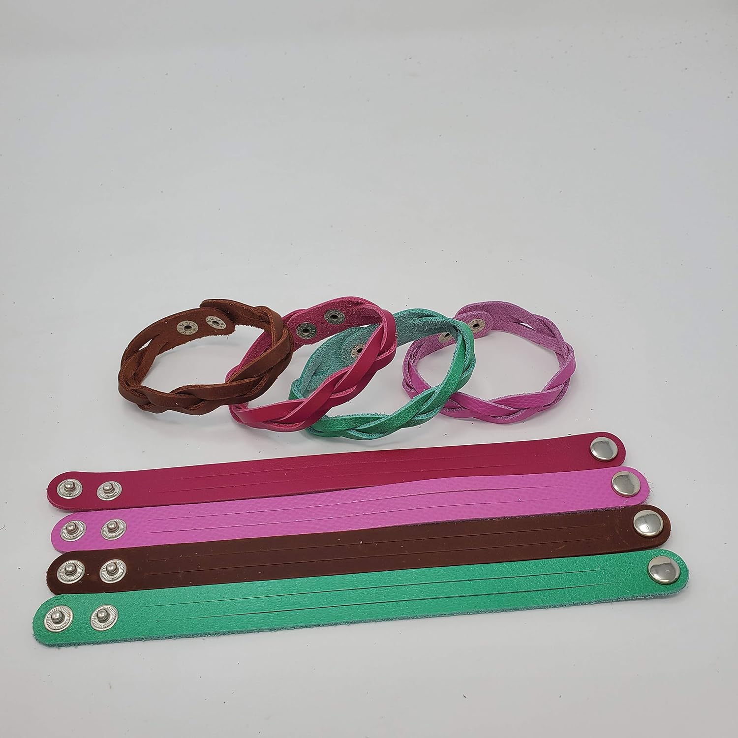 Mystery Braid Leather Bracelets 4 Colors 8 Braiding Ready - Made in USA by Pitka Leather, PINK, Brown, NEON TURQUOISE, Medium