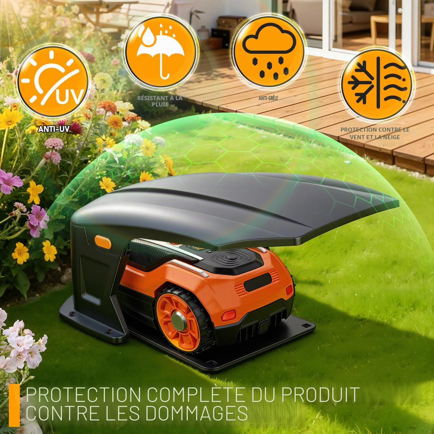 Garage pour robot tondeuse avec toit à charnière, garage pour robot tondeuse avec trappe de service, garage pour robot tondeuse résistant aux intempéries, protection UV et contre la pluie