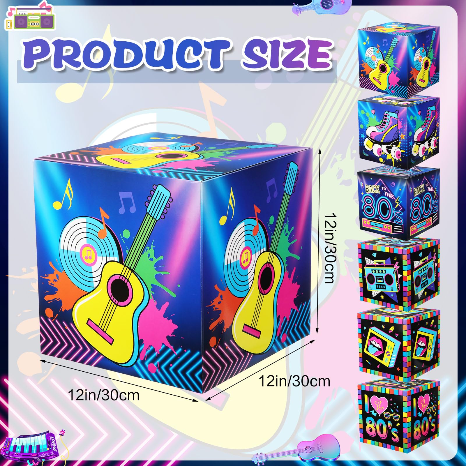 Kolldenn 6 cajas grandes de decoración de fiesta de los años 80, caja de cartón temática de los años 80 de 12 pulgadas, telón de fondo, decoración de fiesta de los 80, cajas de accesorios para