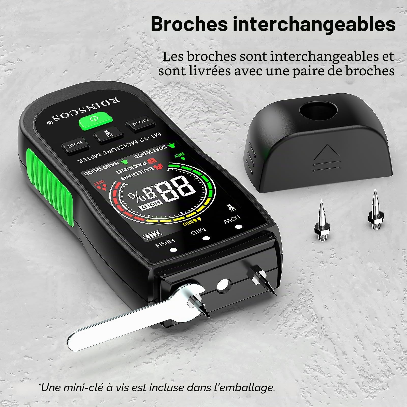 RDINSCOS Détecteur d'humidité - Type broche pour bois, bois de chauffage, bois, bûches et matériaux de construction