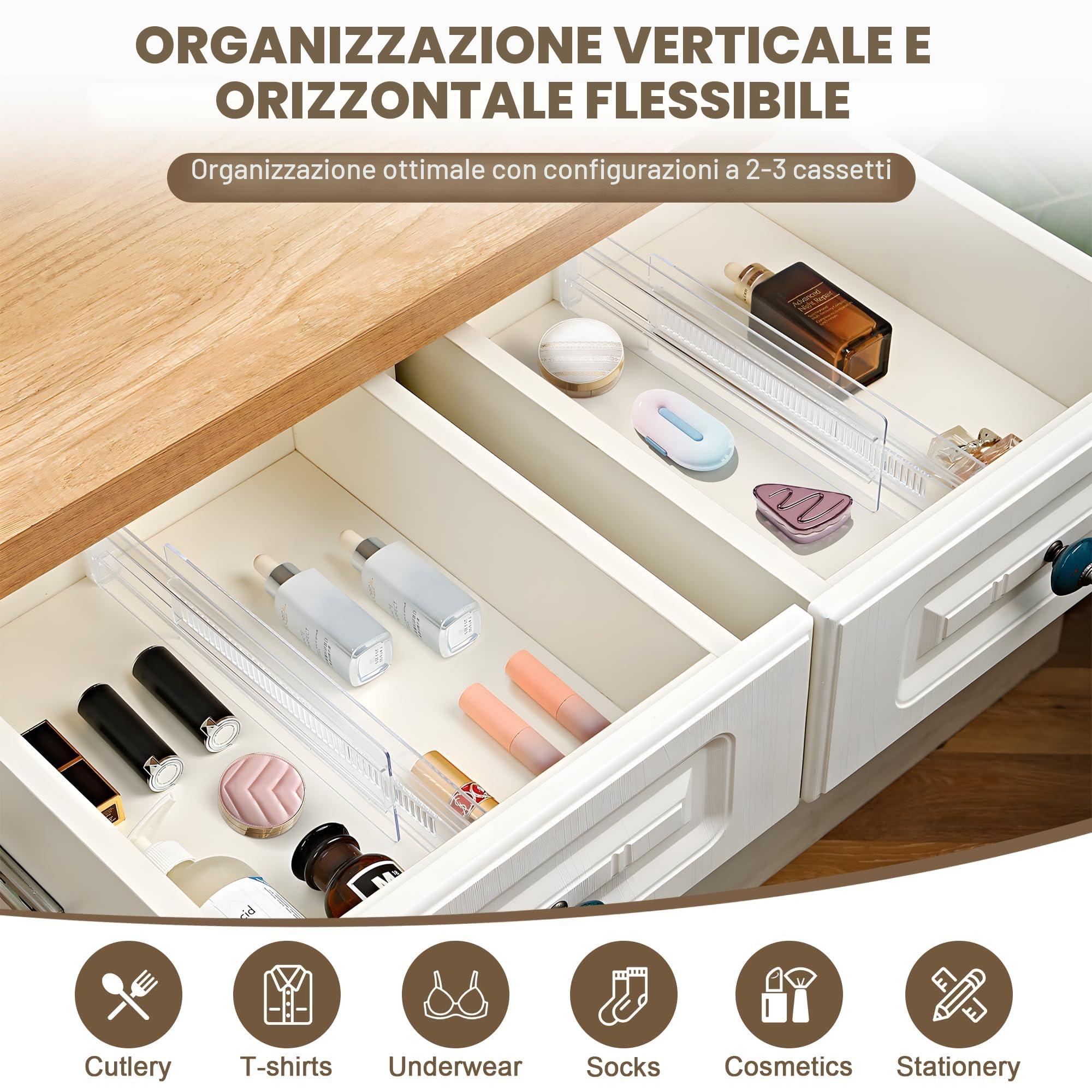 4 Pezzi Divisori per Cassetti Regolabili, alti 8cm, Regolabile da 28,5 a 50,5 cm, Cassetti in Trasparente Separatori, Divisori per Cassetti in Plastica per Camera da Letto Bagno Cucina
