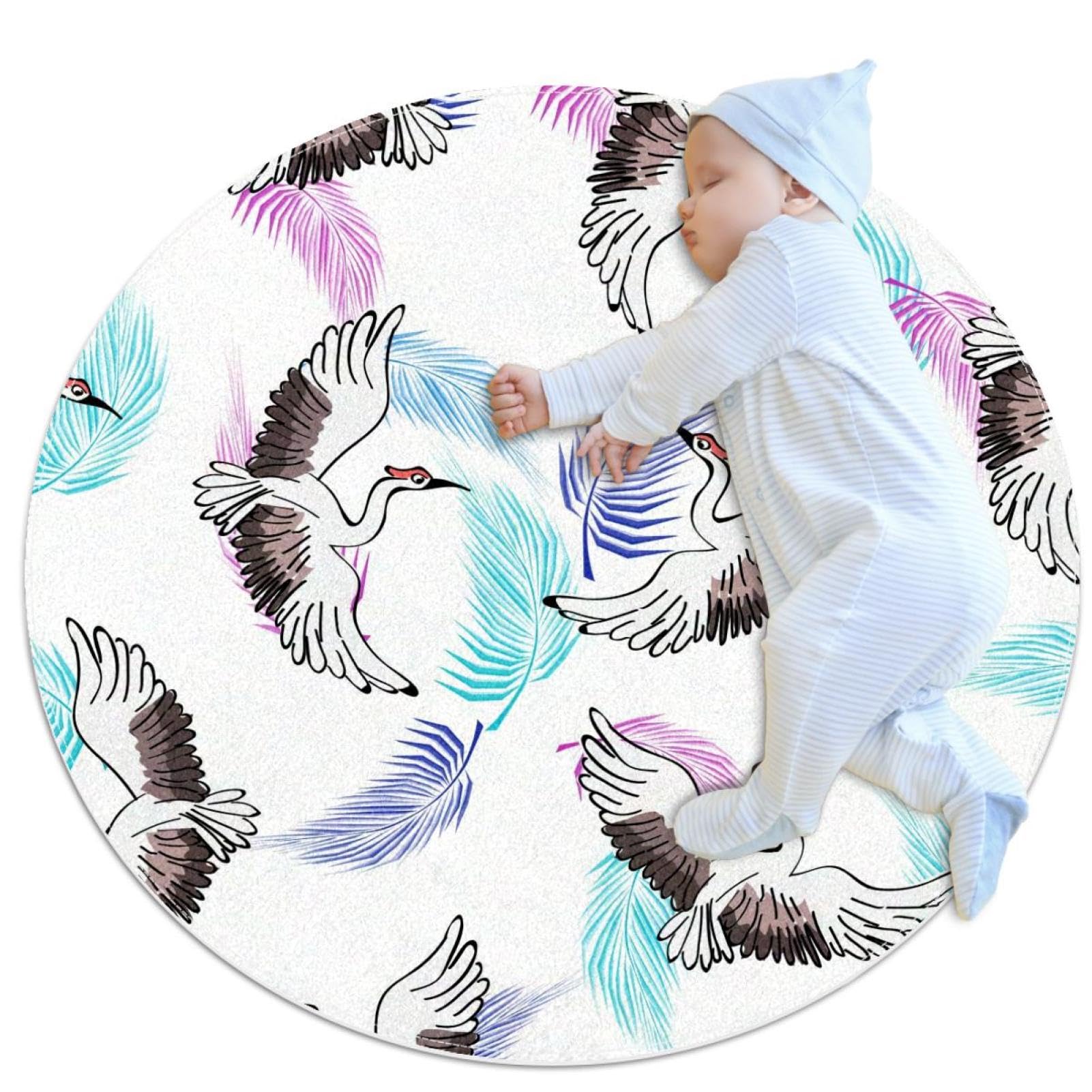 Tapis de salle de bain rond 1m imprimé cygne camomille et feuilles palmier