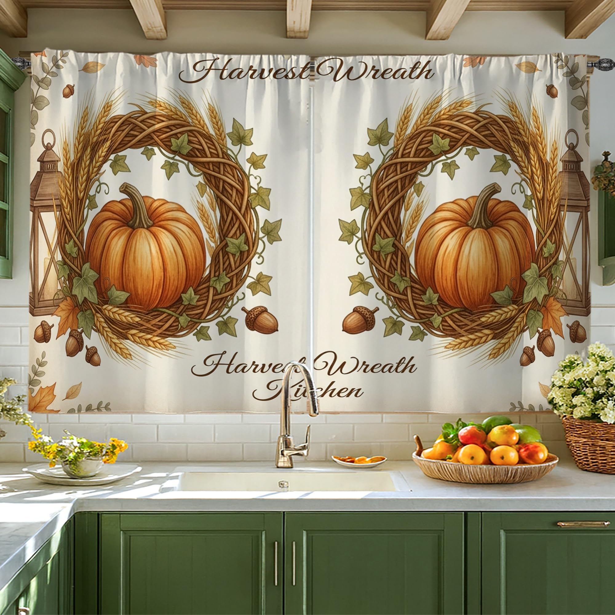 Rideaux de cuisine rustiques 106x114 cm à passe-tringle motif citrouilles