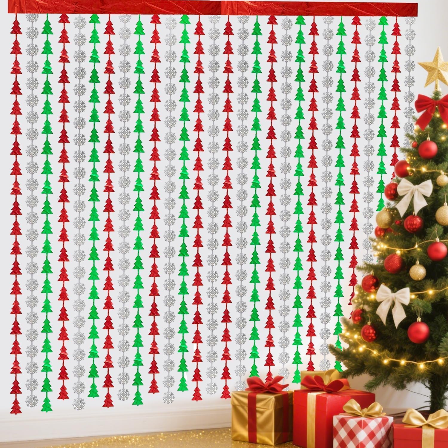 APUXXJUPA Christmas Curtains - Xmas Tree Snowflake Pattern Red Silver Green Tinsel Metallic Photo Booth Props Backdrop Streamers for Christmas Party Decorations New Year — image 1