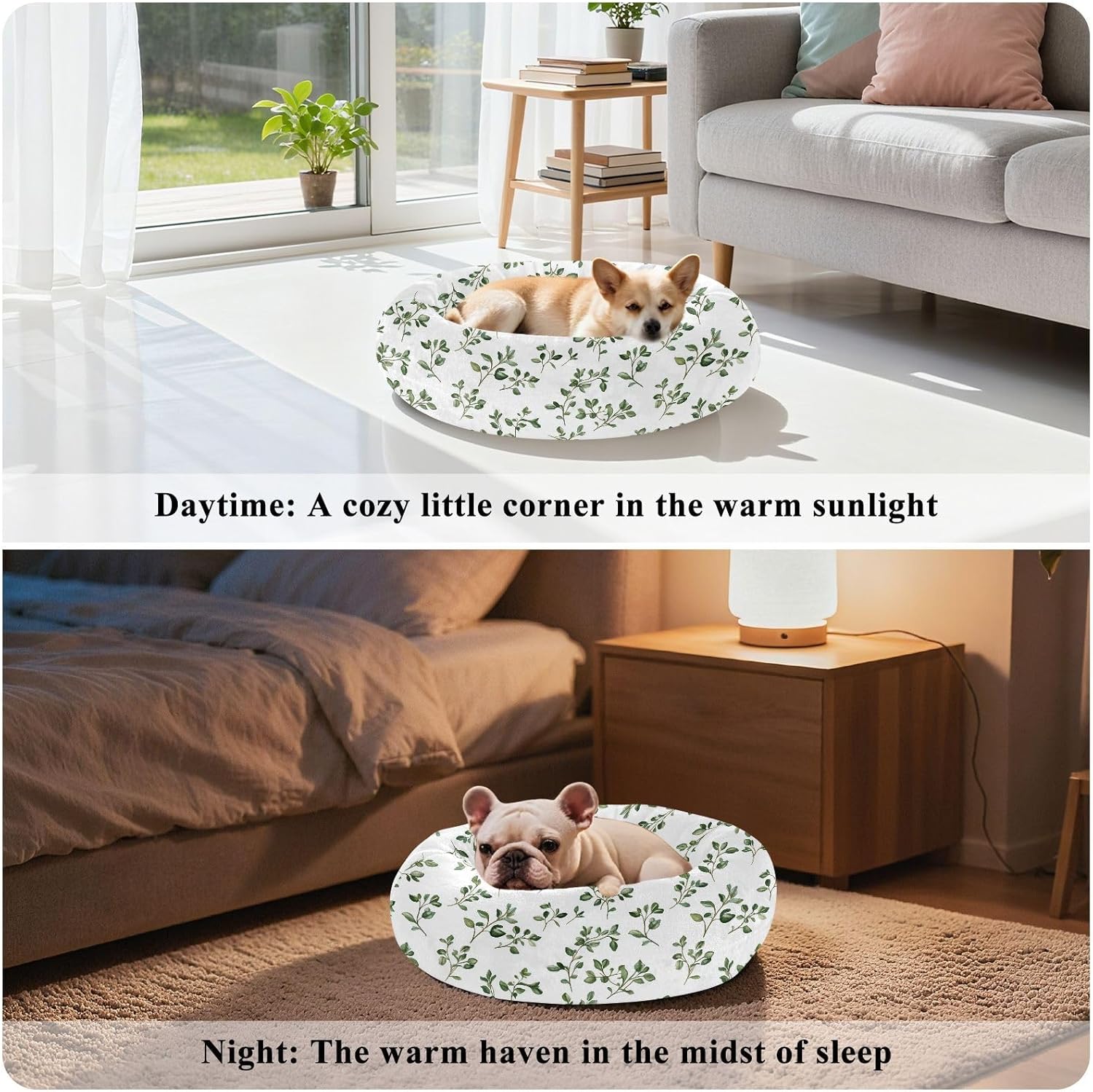 Pet Dog Beds Anxiety Relief Fluffy Dog Pillow Bed for Medium Size Pets Supplies M Chic Leaf Thyme White