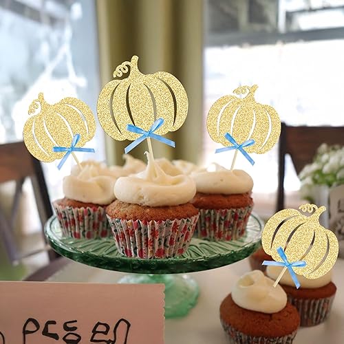 Miniatura 7 de Gyufise 24 decoraciones de calabaza para cupcakes con lazo azul, decoración de pasteles temáticos de otoño para Acción de Gracias, Halloween,
