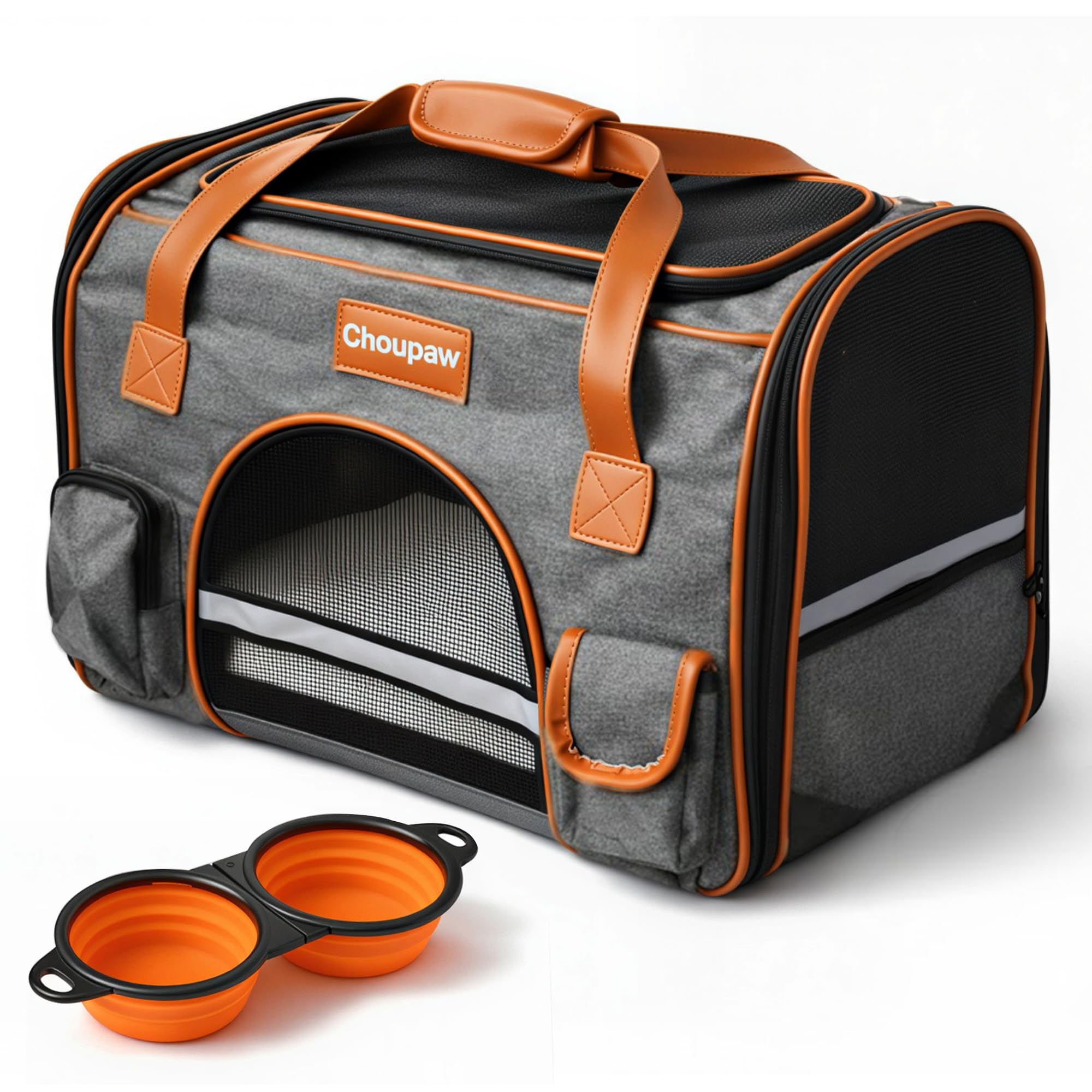Choupaw Sac de Transport Chien et Chat 45 x 28 x 25 cm, Sac de Transport Cabine Avion Semi-Rigide avec Coussin Réversible Été/Hiver, Laisse Intérieure, Bandoulière Réglable et Bol Pliable Inclus