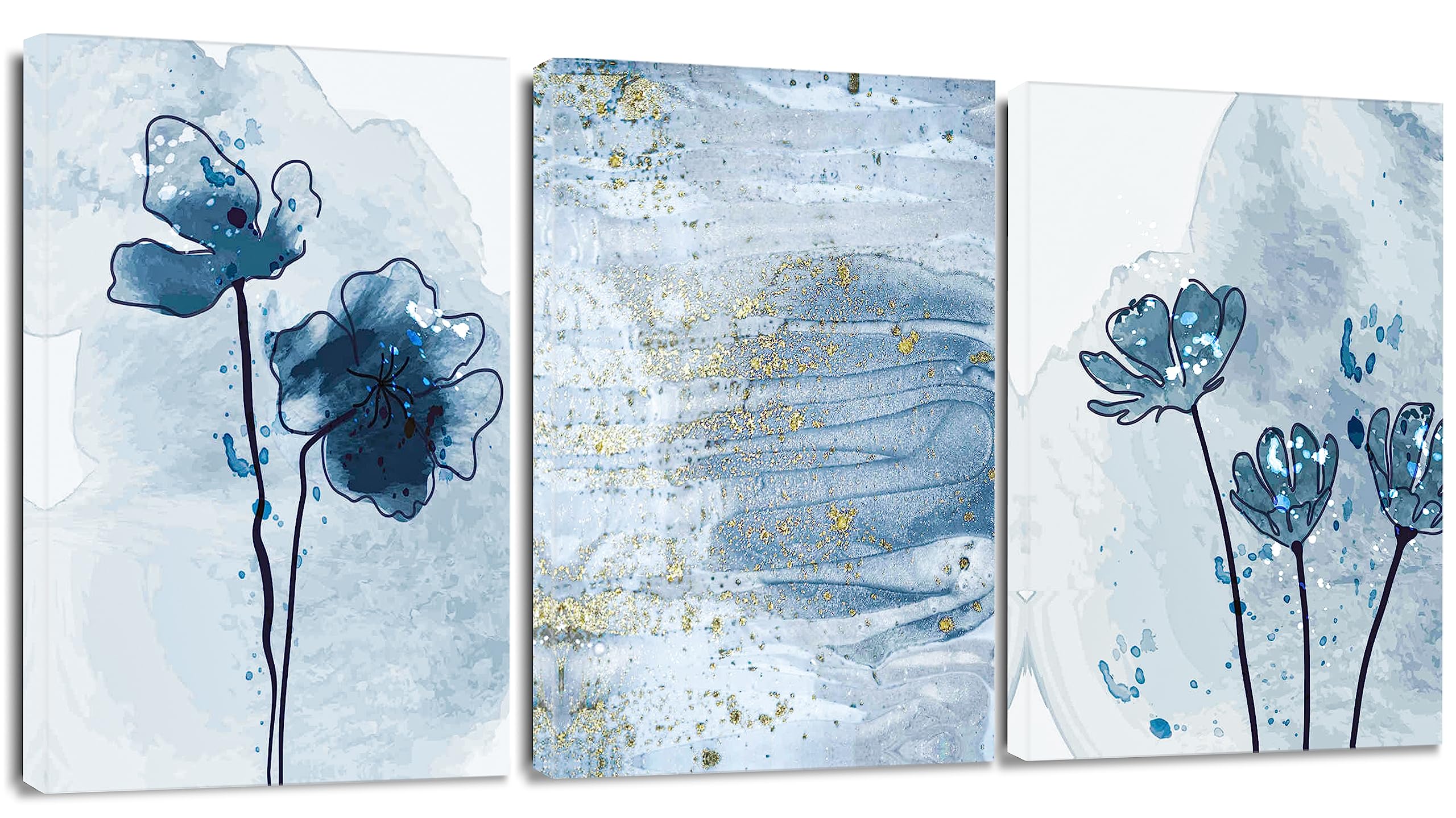Artscope 3 Pieces Abstract Wall Art Canvas Prints - Blue and Gold Watercolor Picture Painting - Modern Wall Artwork Framed for Gifts Bathroom Living Room Home Office Decor - 30 x 40 CM