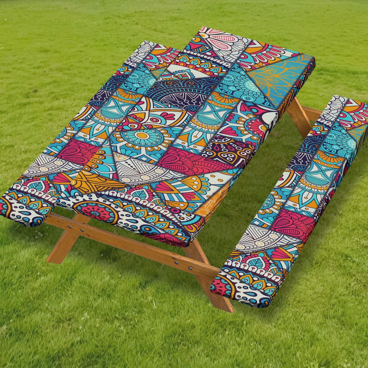Mantel de picnic ajustado Odot Boho B-10 con fundas de banco elásticas de 8FT para jardín