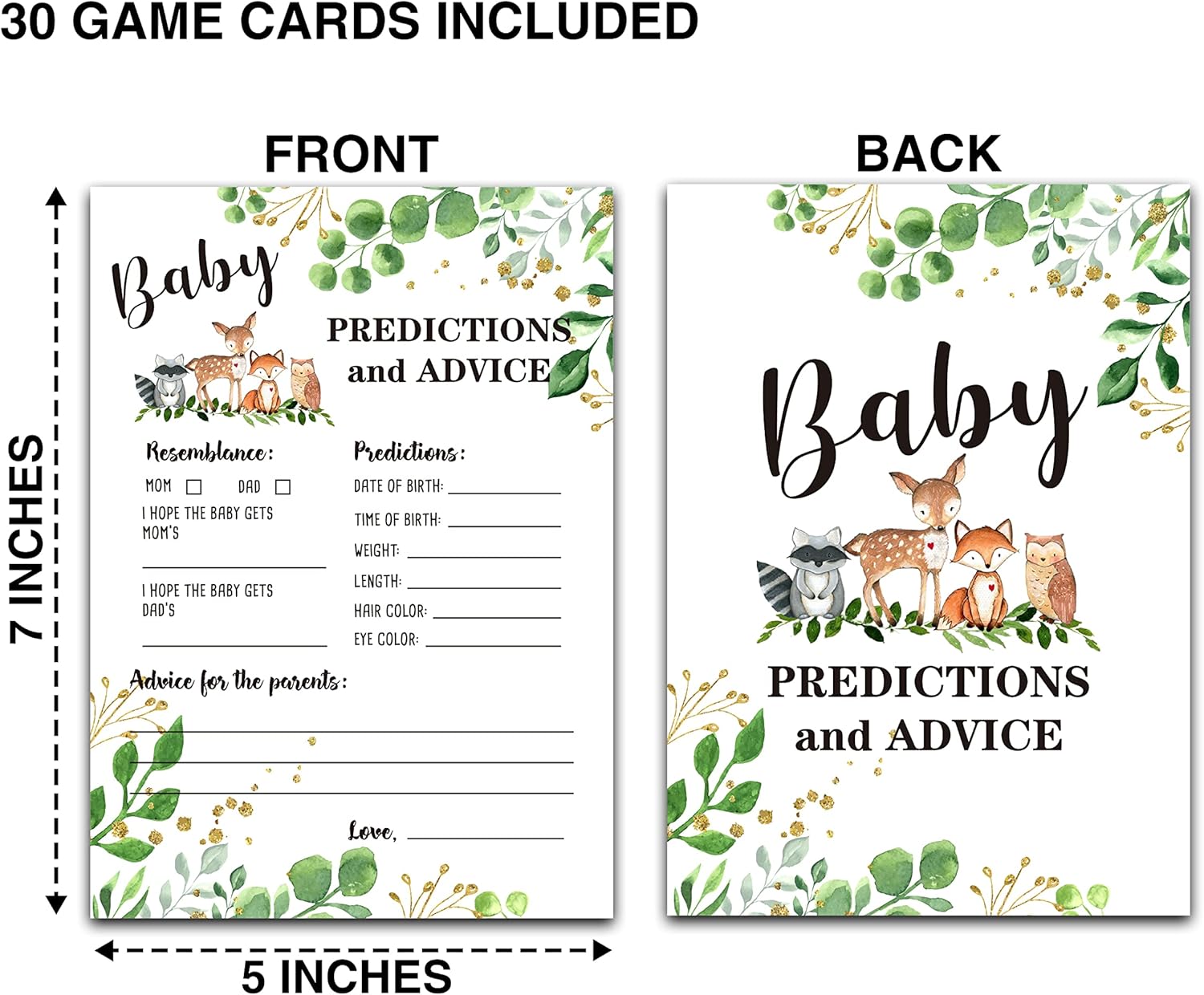 DETIHO Woodland Animal Baby shower Predictions And Advice Cards(5"X7")-Safari Baby shower Double-Sided Game Cards Party Favor-30Pcs-C05