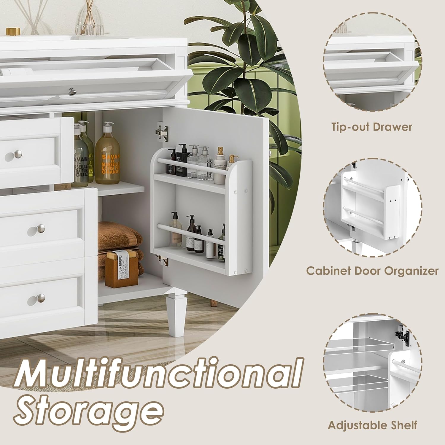 Merax 36 Inch Bathroom Vanity with Sink Combo, Solid Wood Frame Bathroom Vanities with 2 Drawers & Soft Closing Doors & Tip-Out Drawer, Modern Bathroom Sink Cabinet with Undermount Sink