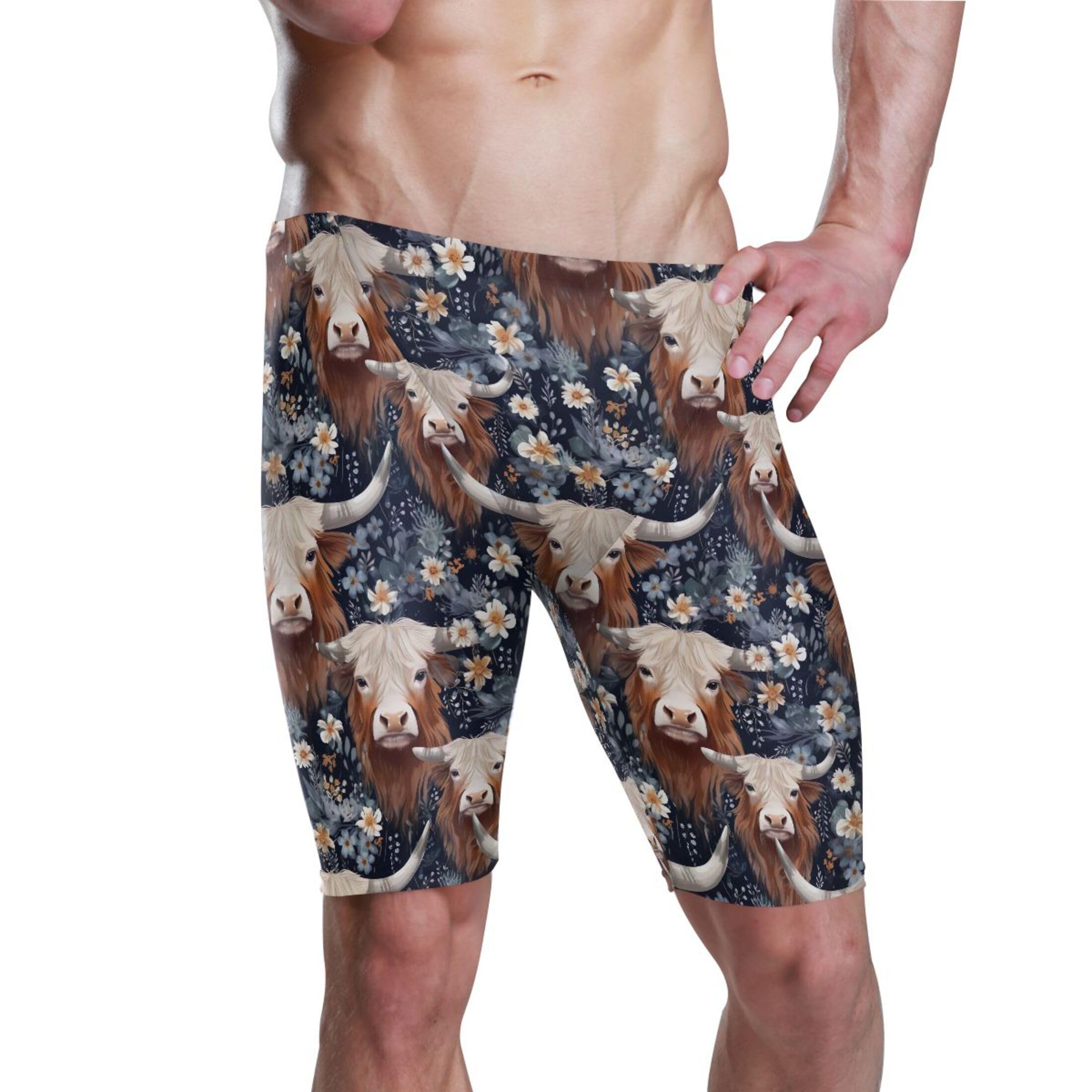 Highland Cow Flowers Animal Men's Swimsuit Swim Jammers L B0403265