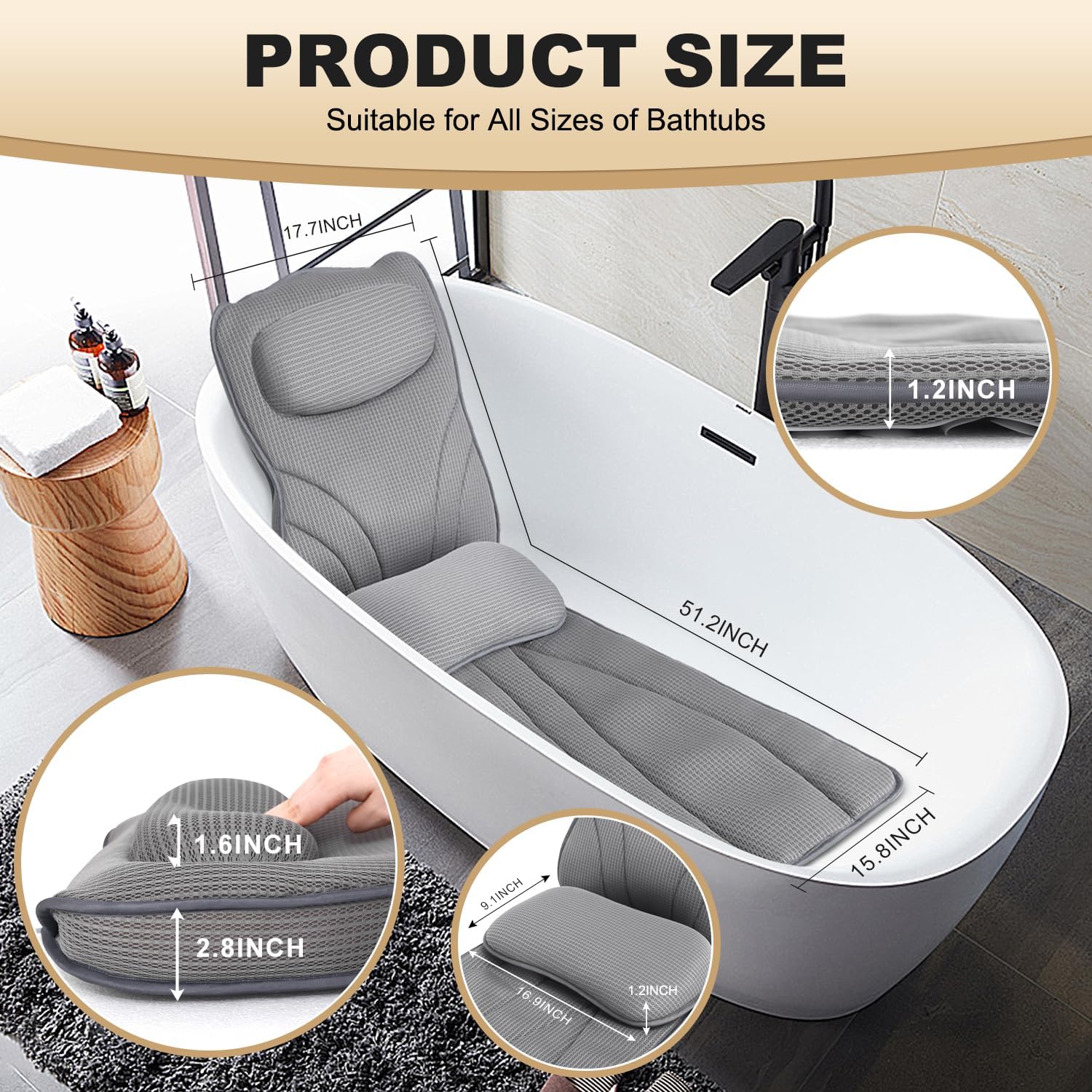 Extra Long Thick Full Body Bath Pillow for Tub with Lumbar Pillow- Luxury 4D Air Mesh Bathtub Pillow with Head, Shoulder & Back Support, Non-Slip Bath Cushion with Suction Cups (Gray)