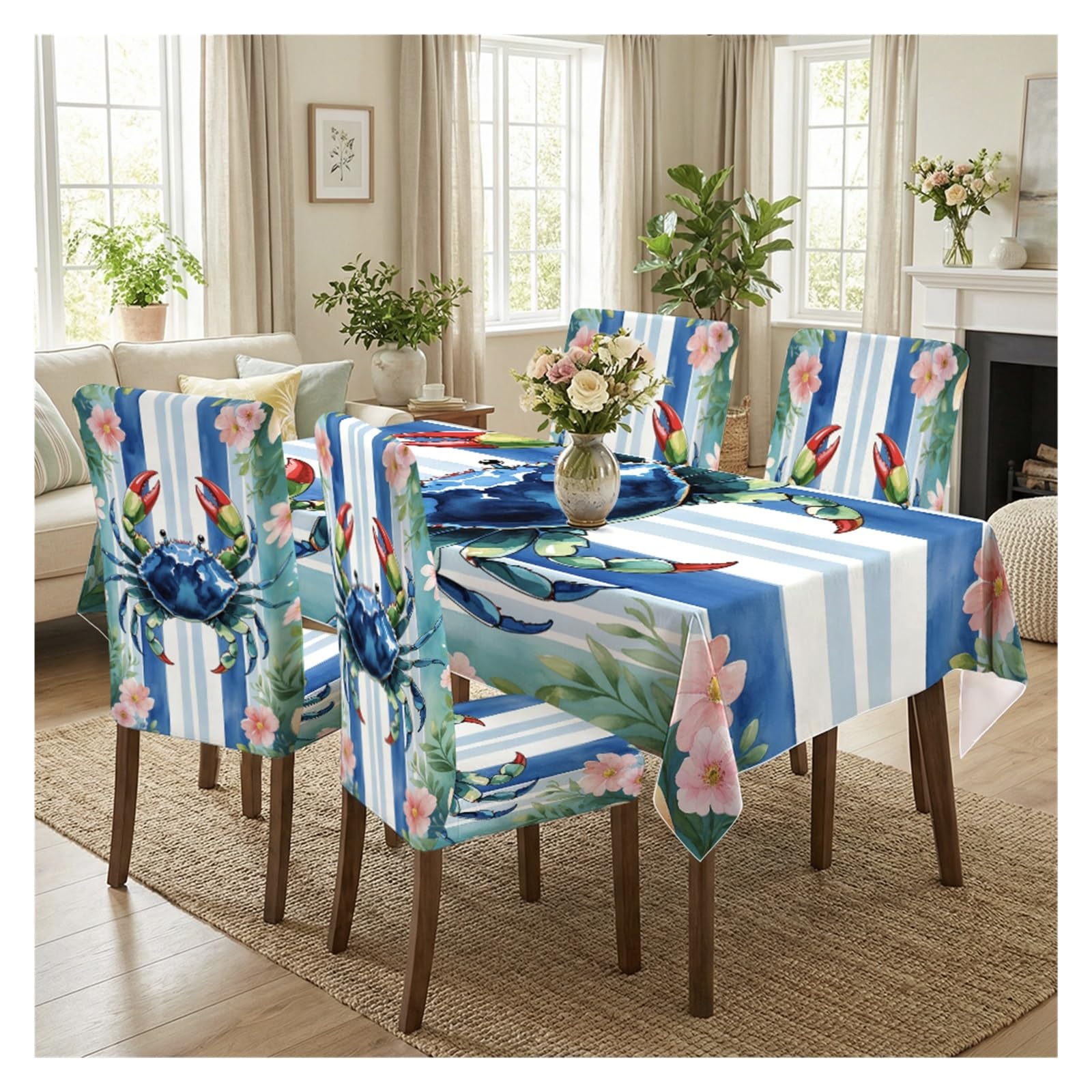BOSUYBN Coastal Crab Floral Striped Dining Chair Covers & Tablecloth Set, 5/7 Piece Nautical Summer Slipcovers For Beach Home Decor Table Setting(5pcs Set: Tablecloth+Chair Covers)