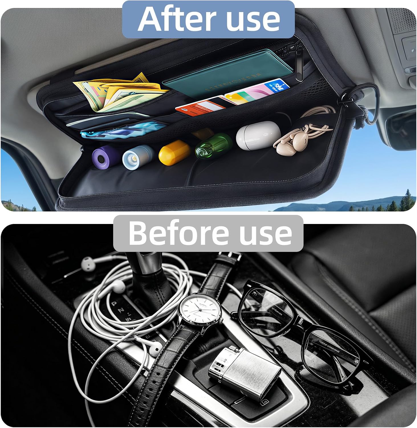 TICARVE Car Sun Visor Organizer, Heavy Duty MOLLE Storage Pouch with Zipper Pockets, Elastic Straps and Glasses Clip, 1000D Nylon Tactical Visor Organizer for Car/SUV/Truck
