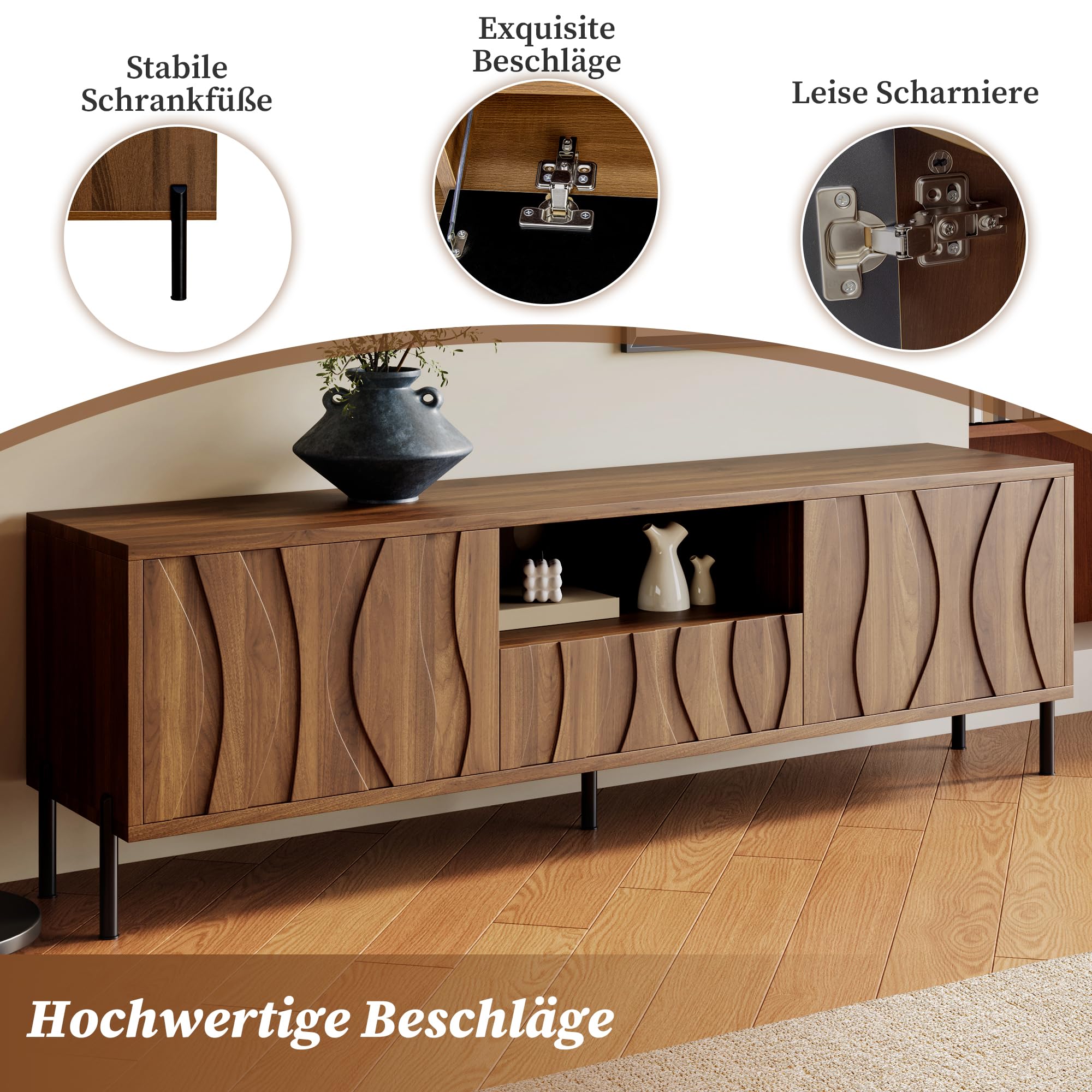 Kebnor Mesa de centro y soporte de TV combinación de madera maciza con patrón ondulado, juego de almacenamiento con grano de madera natural, muebles de almacenamiento artístico para el salón