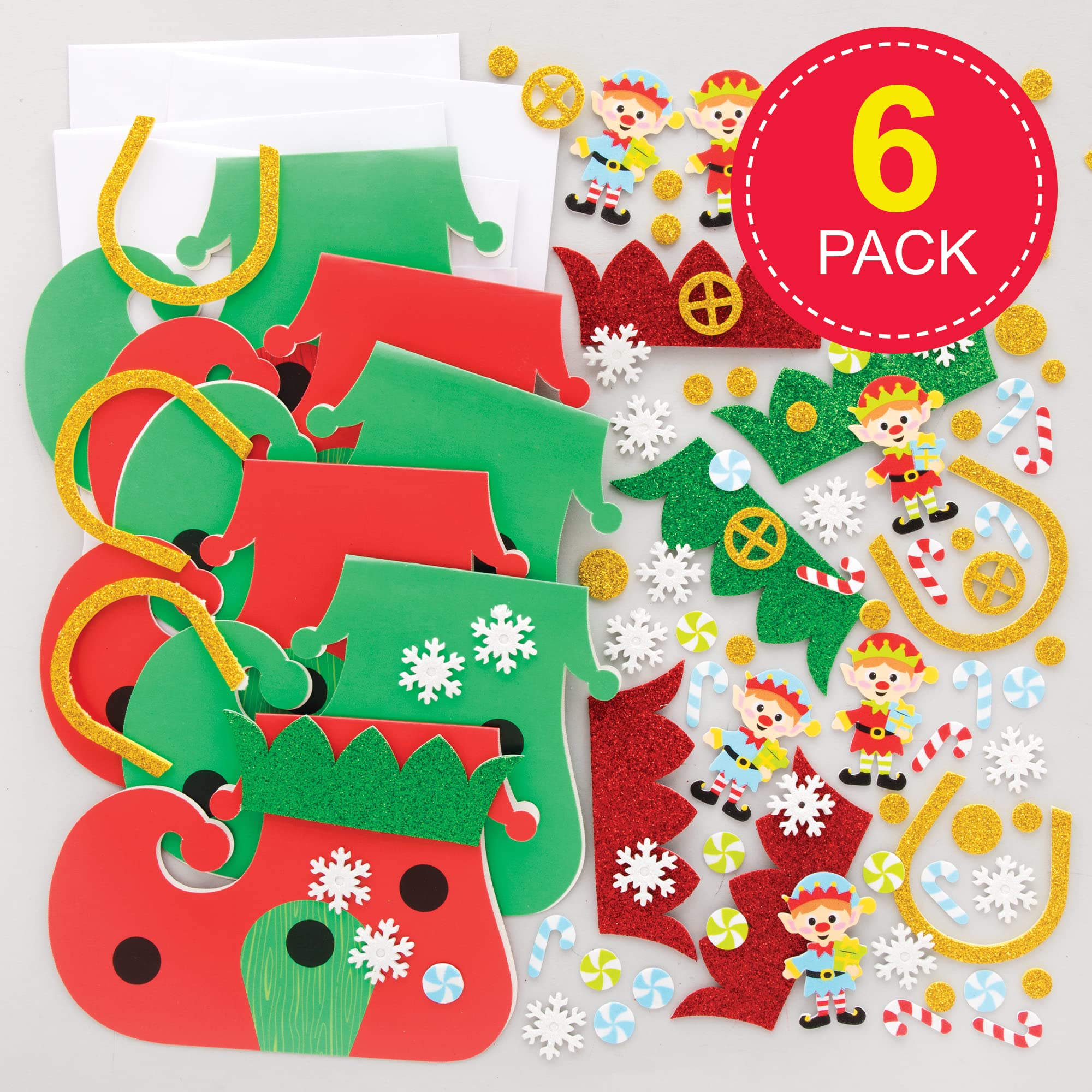 Baker Ross FE968 Kits de Tarjetas de Bota de Elfo Navideño - Paquete de 6, Haz tus Propias Tarjetas Navideñas, Ideales para Proyectos de Manualidades para Niños