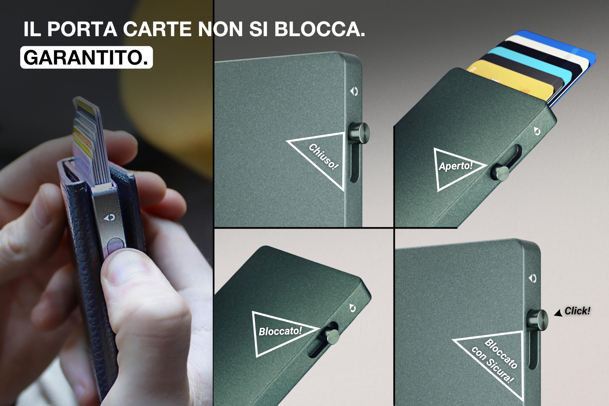 EverWallet Portafoglio Uomo Slim in Pelle Vera e Alluminio - Made in Italy - Porta Carte di credito Smart Compatto, Meccanismo Espulsione, Blocco RFID – Minimalista e Sottile (Nero)