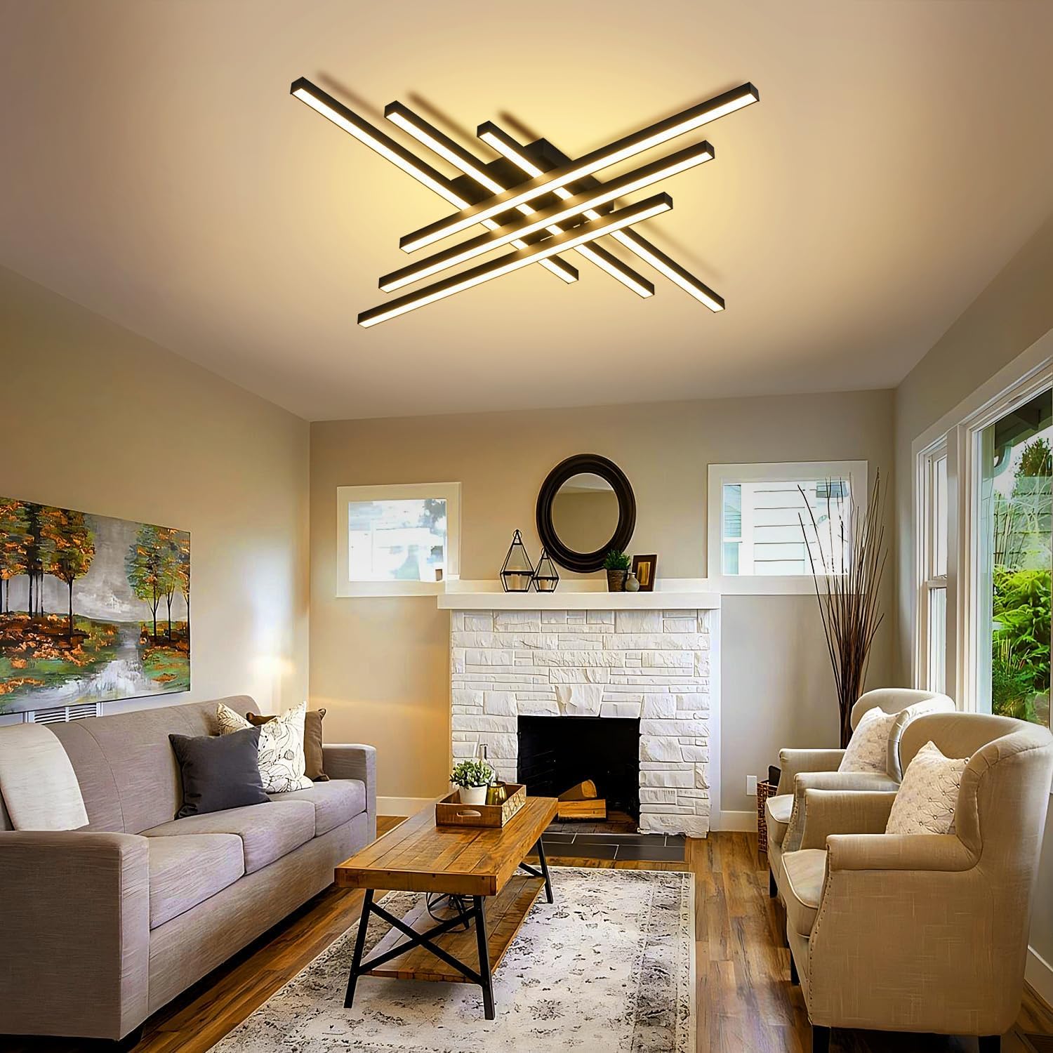 43" Black Modern LED Ceiling Light with Remote 3000K/4500K/6000K Close to Ceiling Lights Creative Design Ceiling Lamp for Bedroom Living Room Kitchen Hallway Dining Room(96W, 6 Lights)