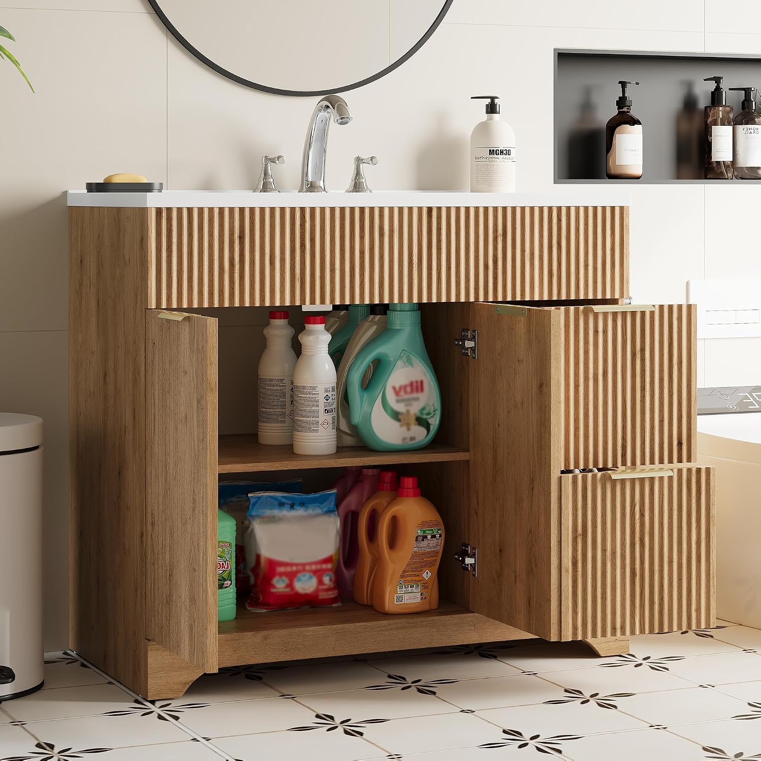 LINLUX 37“ Bathroom Vanity with Ceramic Sink, Fluted Wood Storage Cabinet, Large Drawer & Cabinet for Bathroom Organization, Easy to Clean & Install, Natural Wood