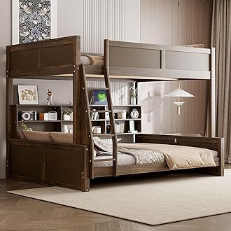 Full XL Over Queen Bunk Bed with Storage, Modern Wood Bunk Bed with Storage Cabinets and USB Ports for Kids Teens Adults, Space-Saving, No Box Spring Needed, Antique Wood