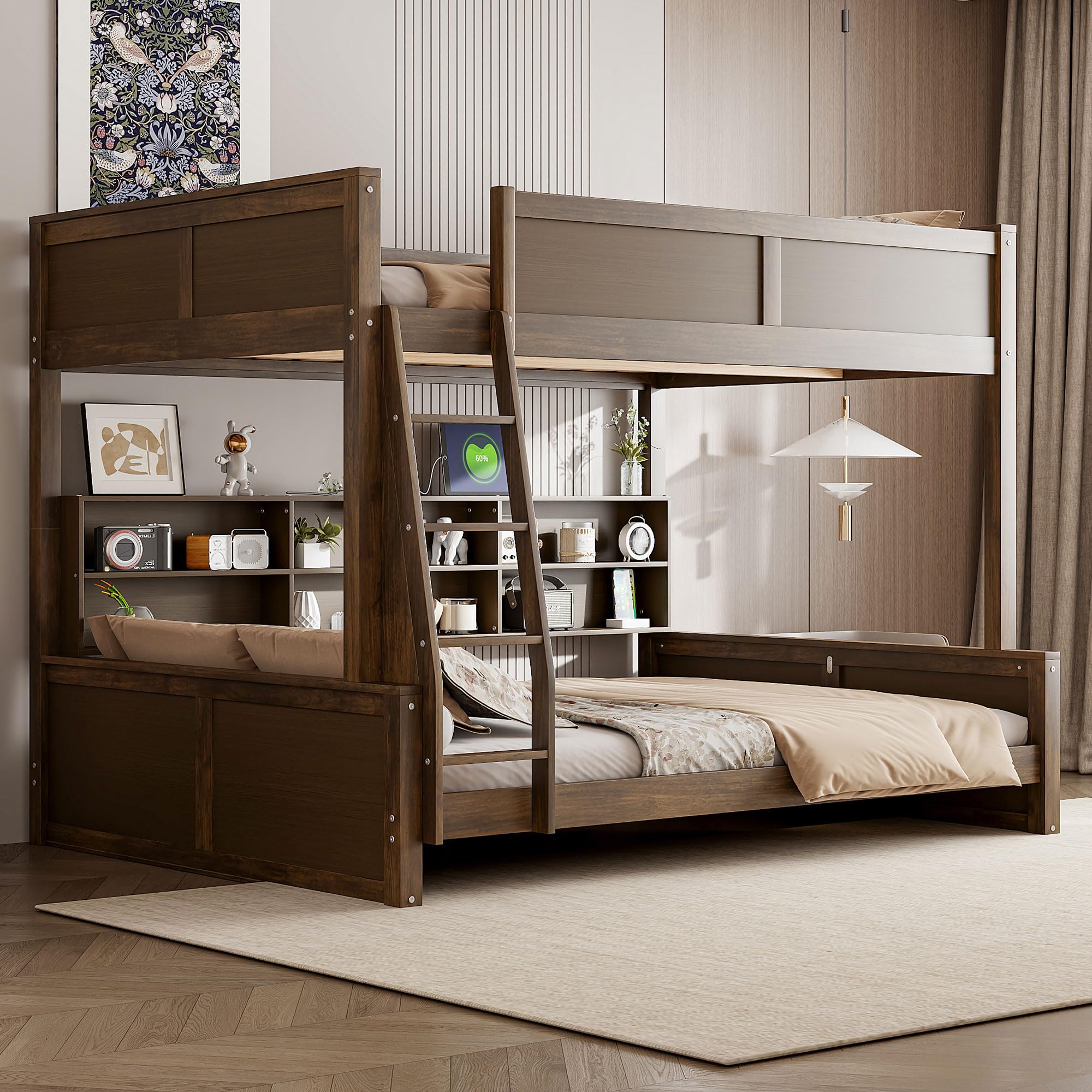 Bellemave Full XL Over Queen Bunk Bed for Kids/Adults,Bunk Beds with Charging Station and Bookcase,Solid Wood Bunk Beds Full XL Over Queen for Girls,Boys,Antique Wood