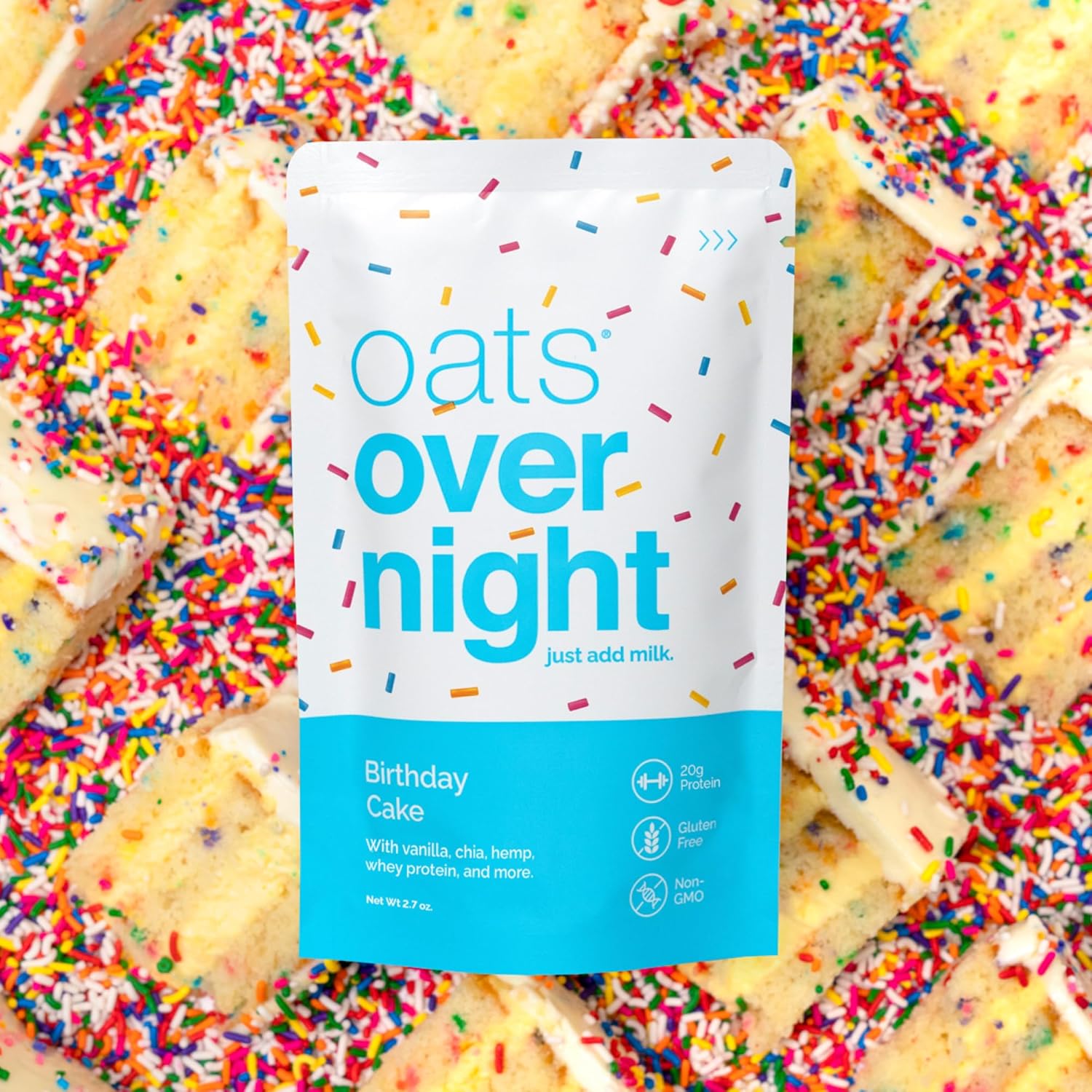Oats Overnight Birthday Cake 8 Pack & Chocolate Chip Cookie Dough 8 Pack - 20g Protein, High Fiber Breakfast Shake - Gluten Free, Non GMO Oatmeal