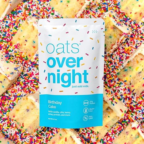 Miniatura 6 de Oats Overnight - Pastel de cumpleaños - Batido de desayuno de proteína de 0.71 oz - Sin gluten, 0.18 oz de fibra, avena sin OMG (2.7 oz por comida)