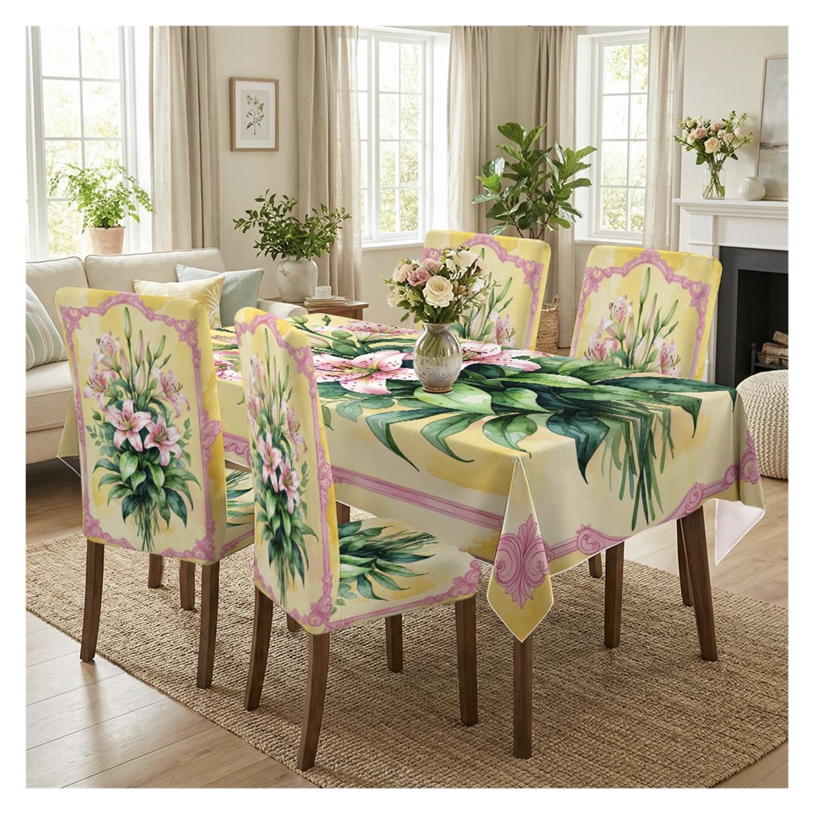 KXUAUV Vintage Lily Print Tablecloth & Chair Covers Set, Slipcovers For Dining Room, Kitchen, Tea Party & Cottage Decor, 5/7 Pack Party Decor(5pcs Set: Tablecloth+Chair Covers)