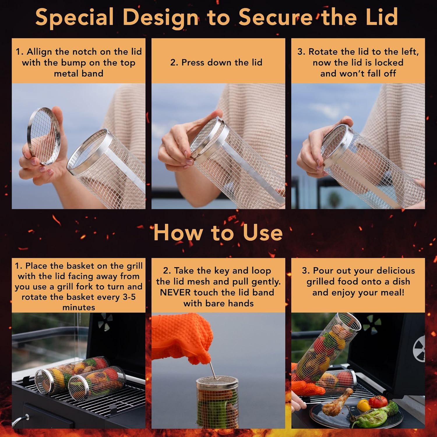 Rolling Grill Baskets for Outdoor Grill (4 Pack), Stainless Steel Basket, Grilling Accessories, Heat Resistant Barbecue Gloves