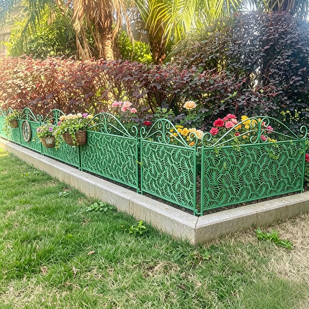 TT-YEC Decorative 6-Piece Wrought Iron Garden Fence, Rustic-Style Animal Enclosure, Landscape Path Edging Board, Flower Bed Boundary Fencing Board, No Digging Required,Green