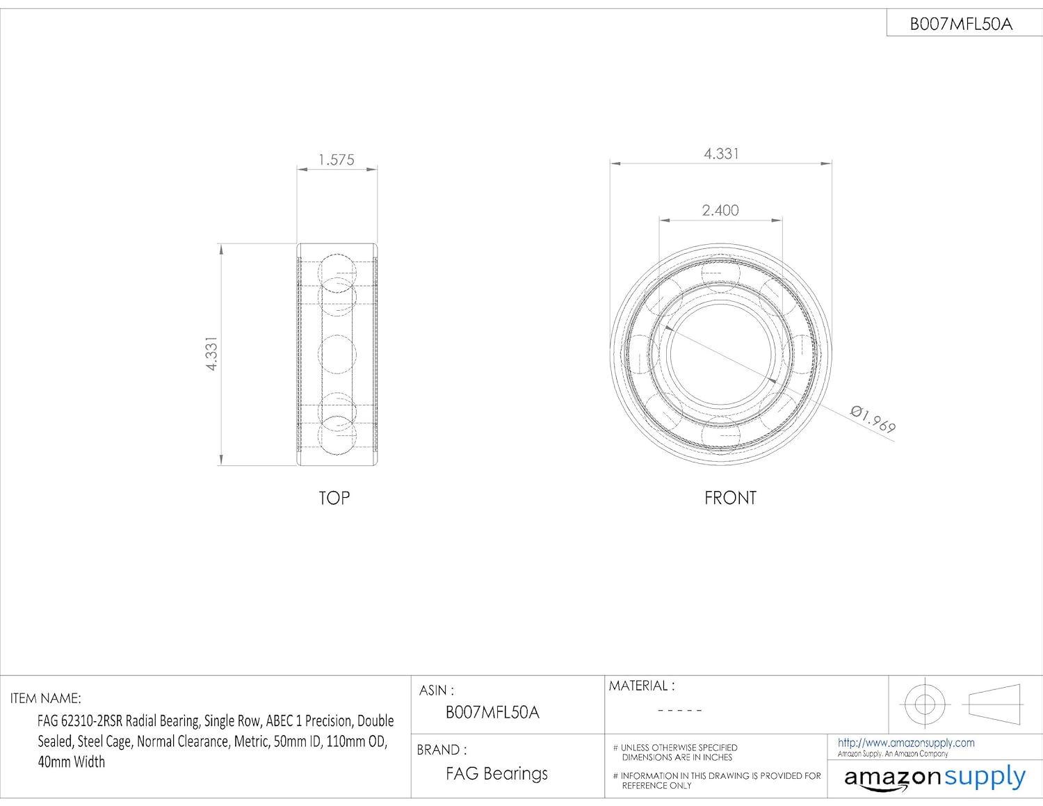 FAG 62310-2RSR Radial Bearing, Single Row, ABEC 1 Precision, Double Sealed, Steel Cage, Normal Clearance, Metric, 50mm ID, 110mm OD, 40mm Width