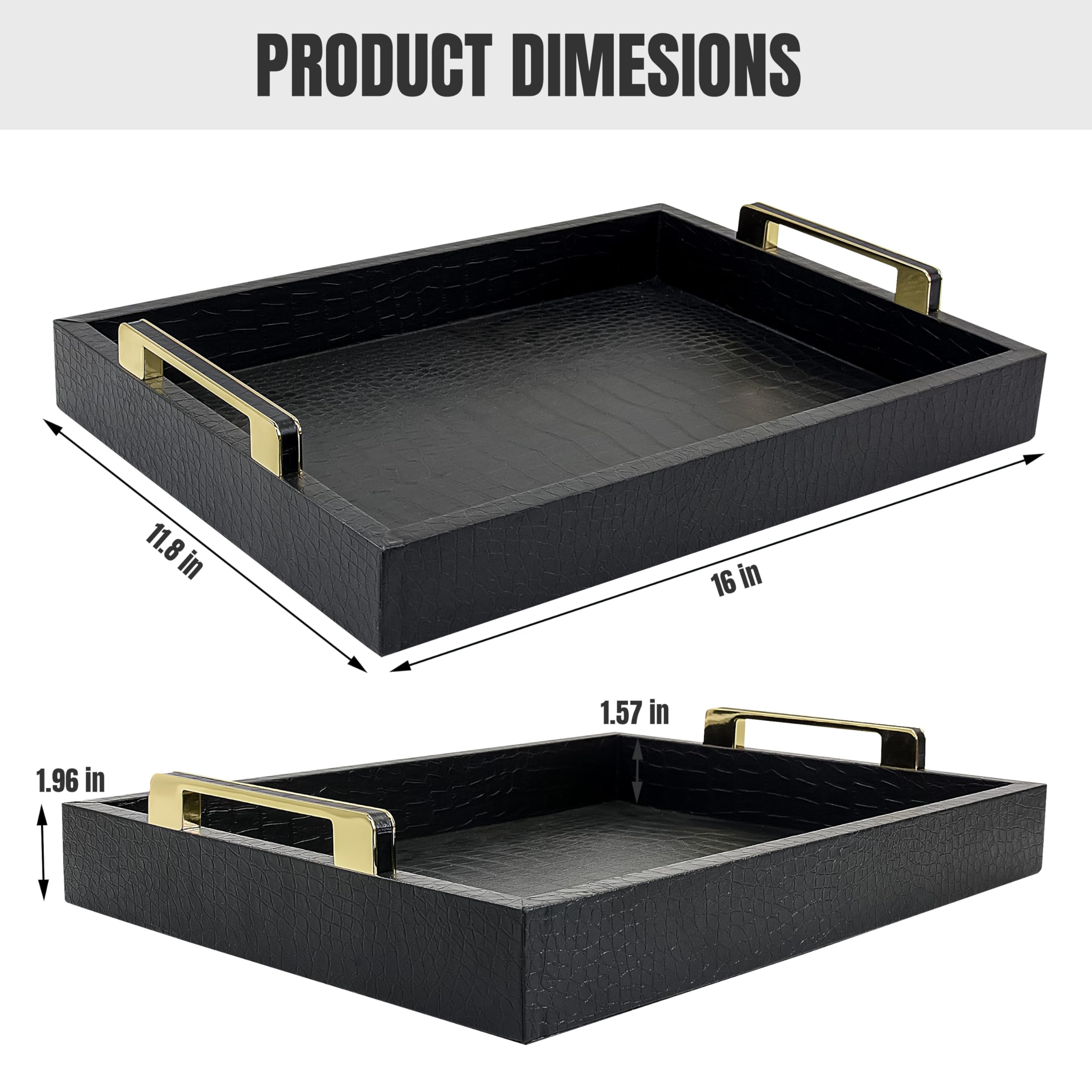 Bandeja de servir negra con asas, bandeja decorativa grande de piel sintética de cocodrilo, mesa de café, bandejas rectangulares otomanas para decoración del hogar, para todas las