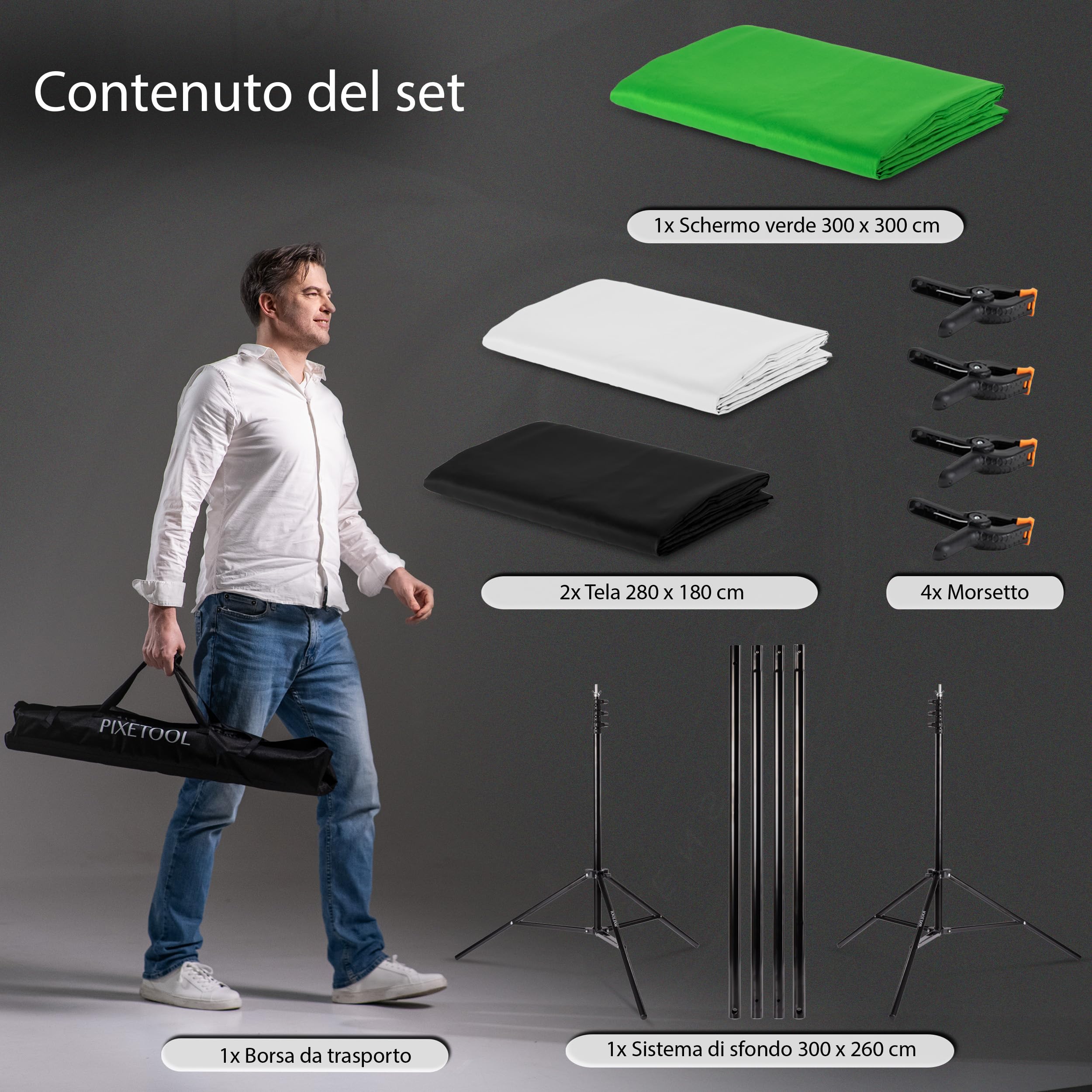 Green Screen Con Supporto (3m x 3m) – Sfondo Fotografico - Set Studio Fotografico - Accessori Per La Fotografia Streaming Giochi Gaming – 3x Telo di Fondale (verde, bianco, nero) – 4 Morsetti