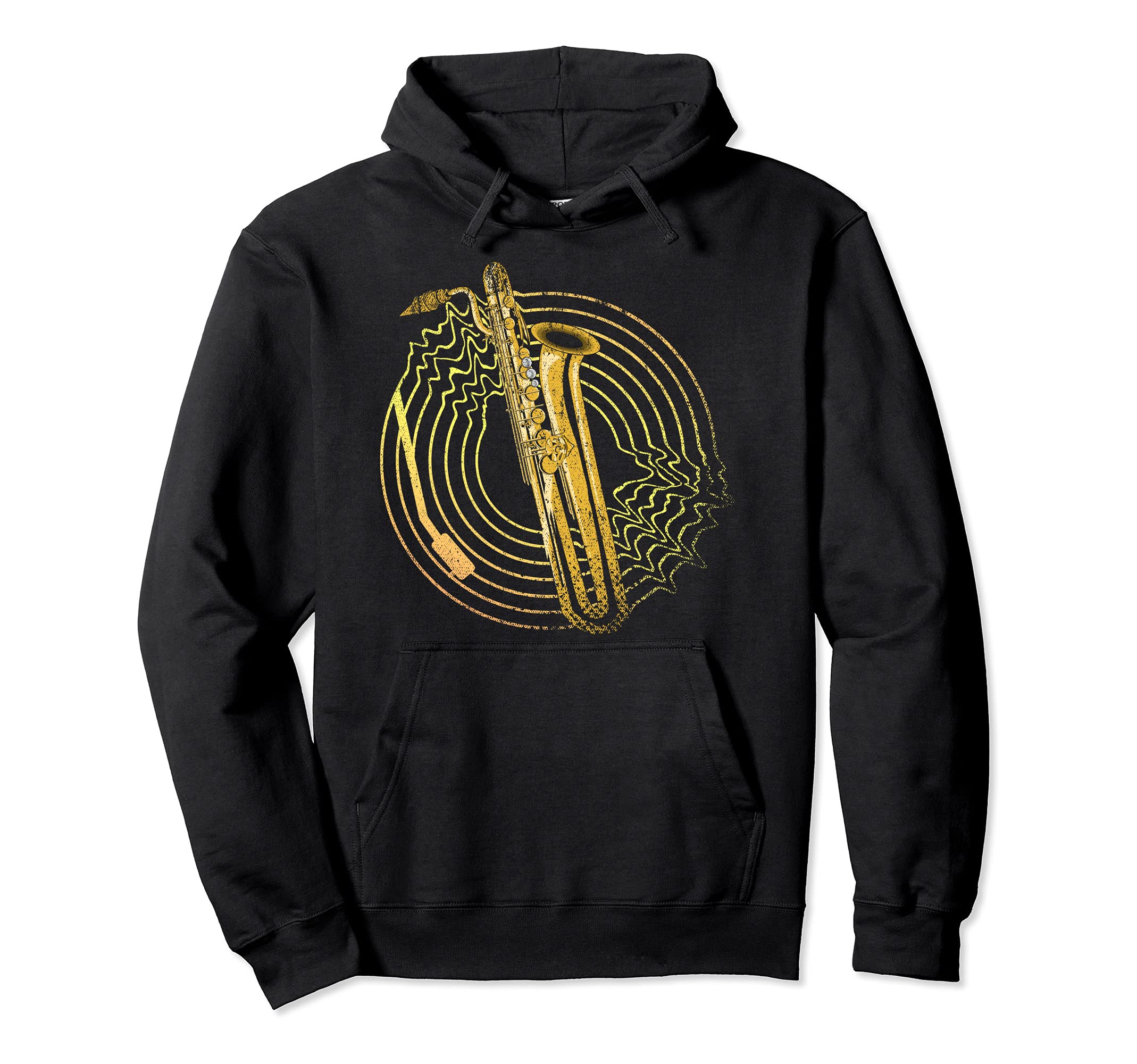 Jazz Musician Saxophonist Musical Instrument Vinyl Saxophone Pullover Hoodie, Black