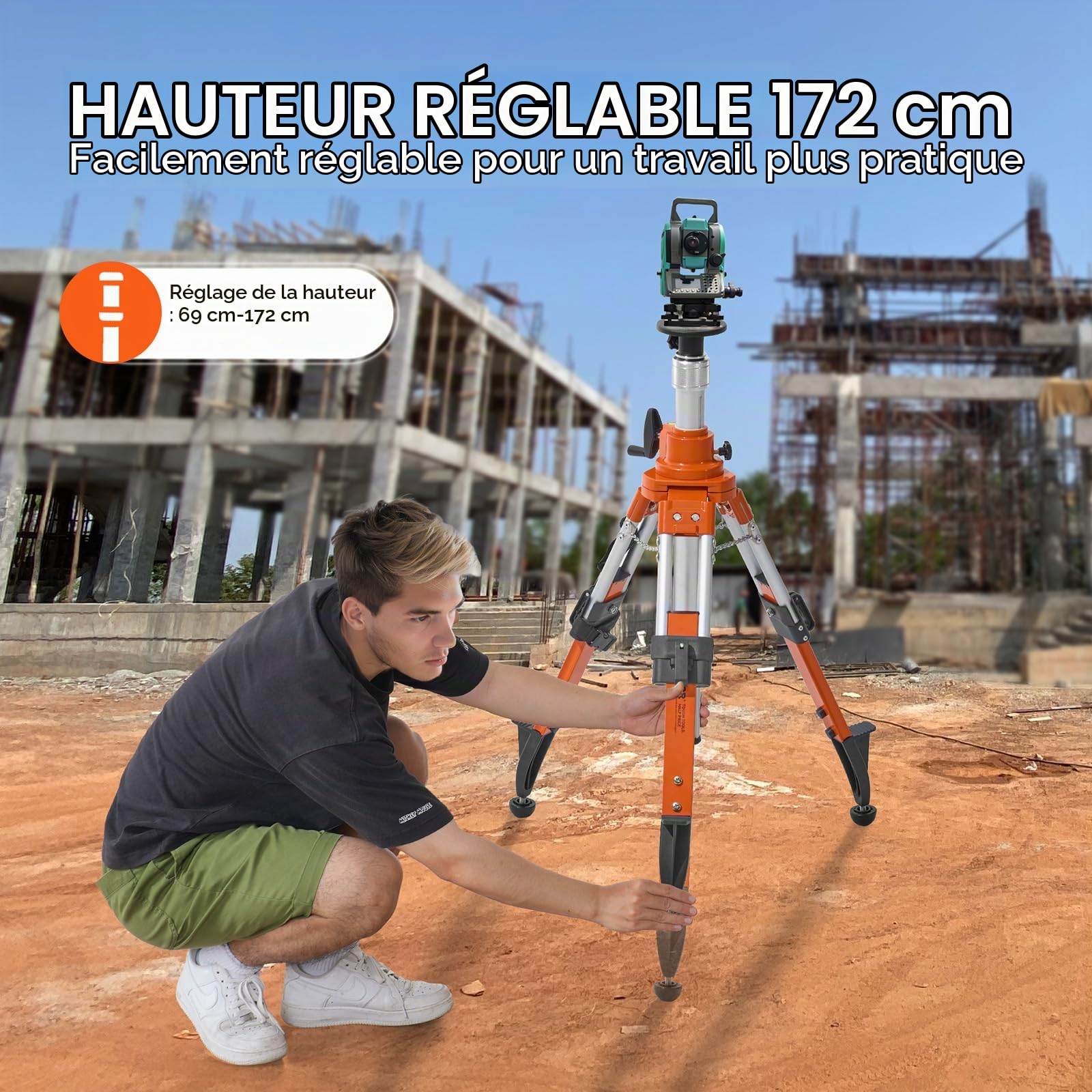 VEVOR Trépied de Niveau Laser, Filetage 5/8"-11, Trépied d'Arpentage Robuste, Réglable en Hauteur 690-1720 mm, Bulle de Niveau, Limiteur de Diffusion, Pieds Antidérapants Relevables pour Construction