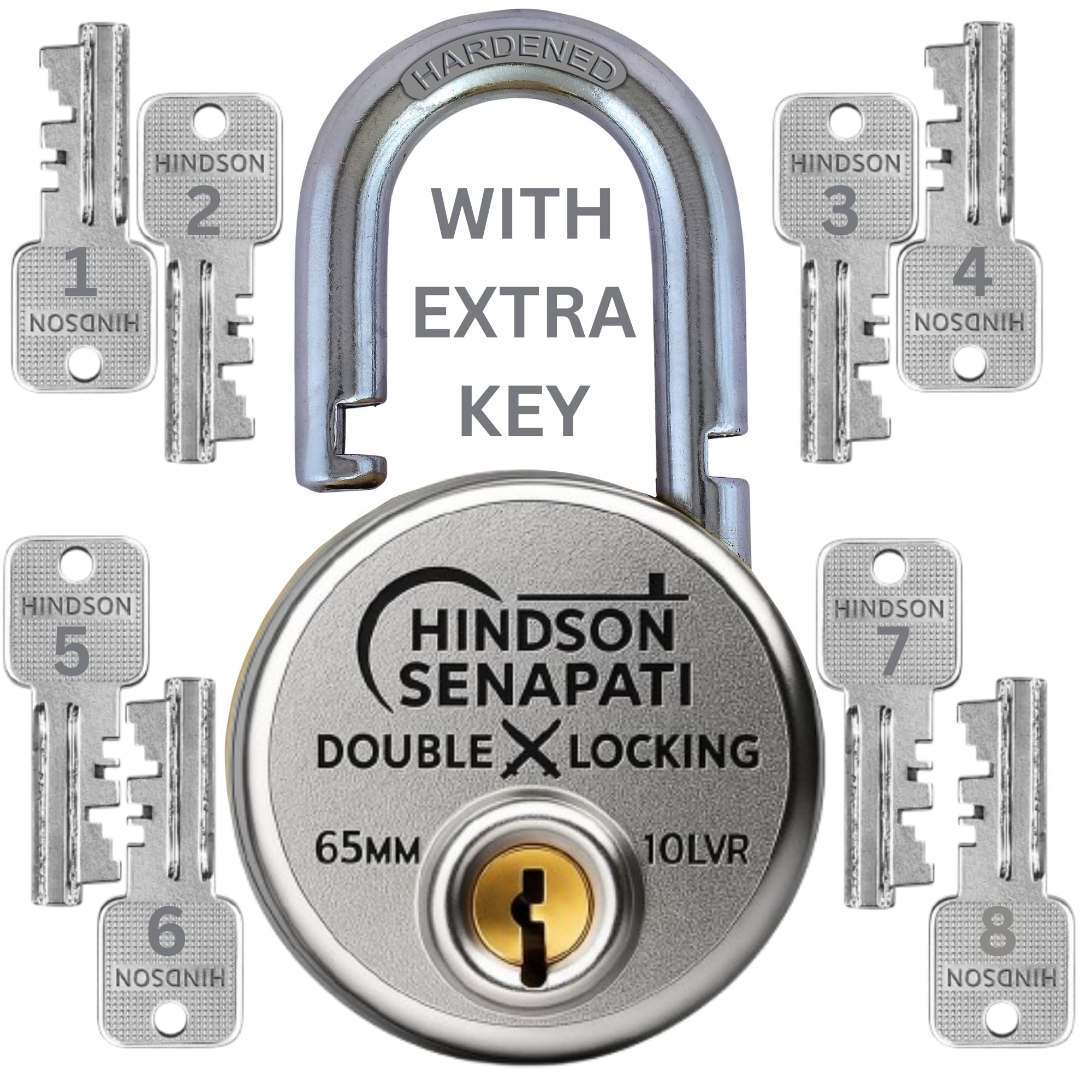 HINDSON 8 Key SENAPATI 65mm Double Locking Padlock | Heavy Duty Lock and Key for Home, Door, Gate & Shutter Security | Hardened Shackle, High Safety Padlock
