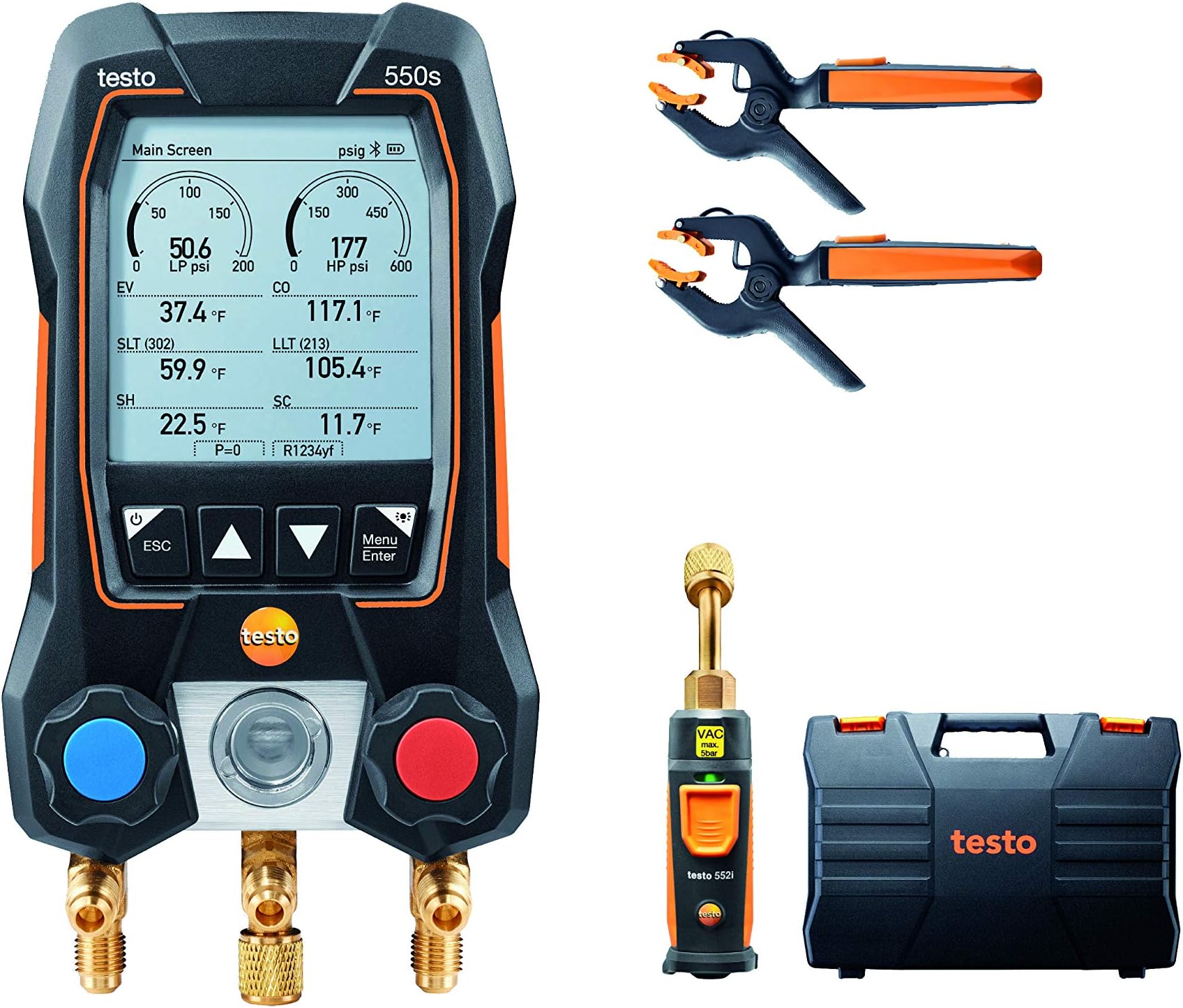 Testo 550s Kit I App Operated Digital Manifold Set, 2 x testo 115i Pipe Clamp Thermometer, 1 x testo 552i Micron Gauge I for HVAC Systems – with Bluetooth