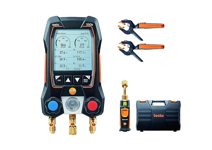 Testo 550s Kit I Juego de colectores digitales operados por aplicación, 2 termómetros de abrazadera de tubo testo 115i, 1 x testo 552i Micron Gauge I para sistemas HVAC, con Bluetooth