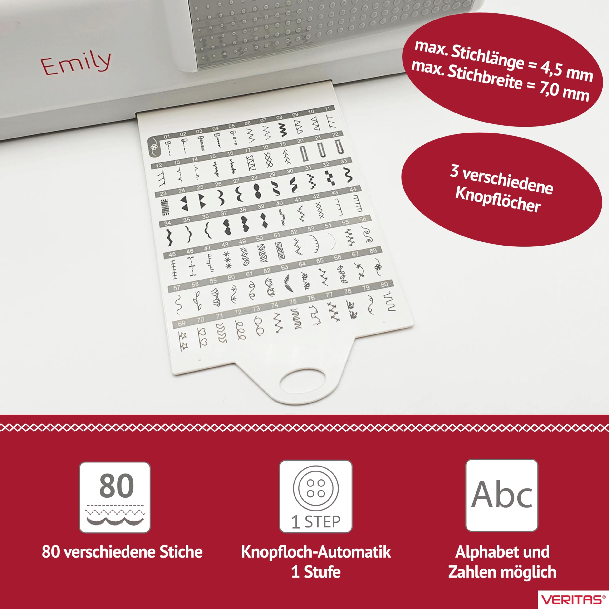 VERITAS Anfänger-Nähmaschine Emily I Computer-Nähmaschine I Freiarm I mit Fußpedal I Einfädelhilfe & Fadenabschneider I 80 Stiche I Stichlänge & Stichbreite anpassbar I LED-Display & Nählicht (weiß)