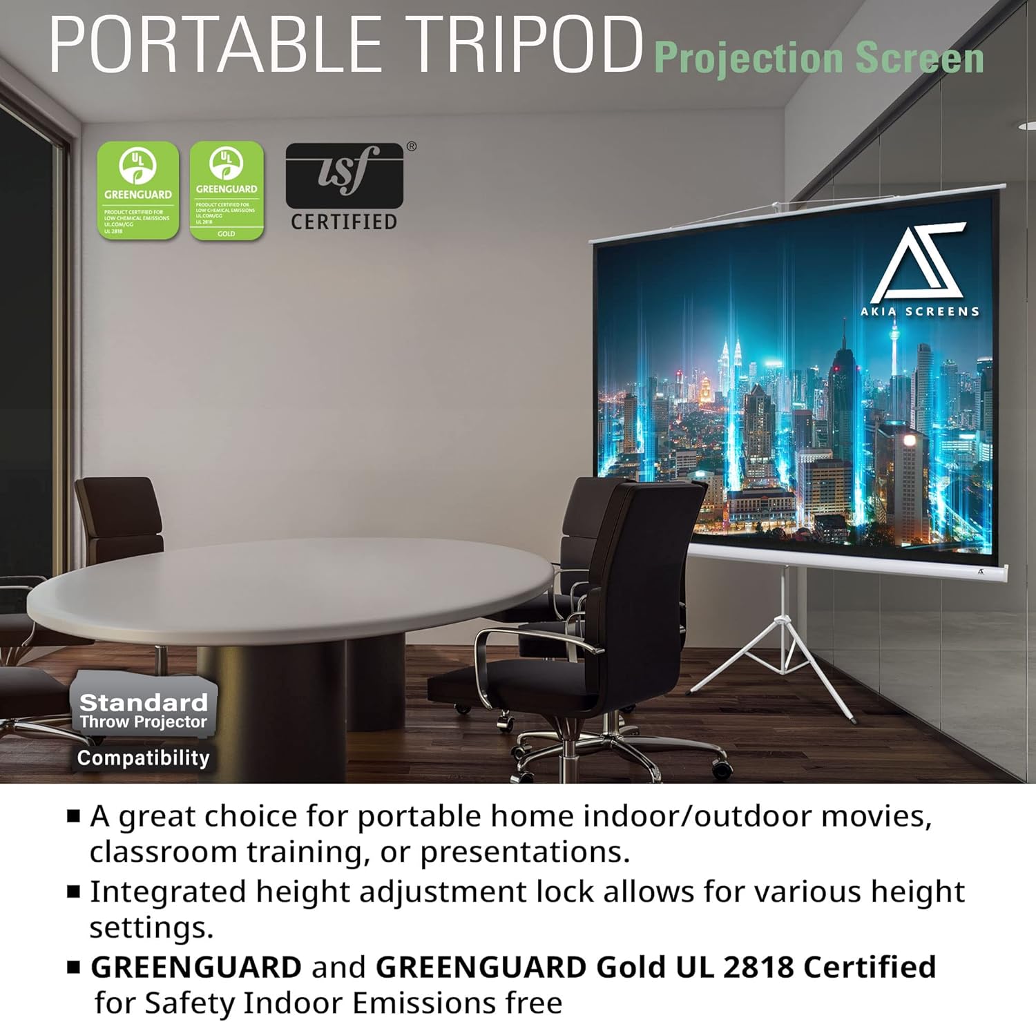 Akia Screens 100 Inch Projector Screen with Stand, 4:3 HD, Tripod Pull-Up Portable Screen, 1.1 Gain, Wrinkle-Free, Indoor Outdoor, AK-T100SB1.