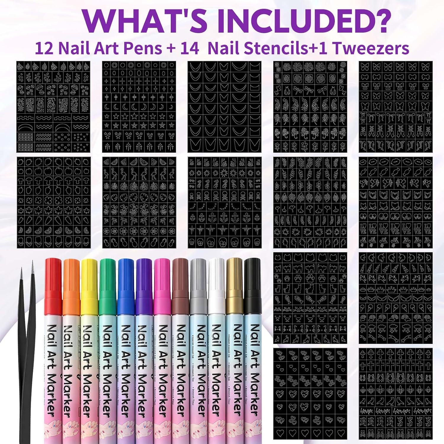 12 Colors Nail Art Pens Set + 14 Sheets Nail Stencils for Women & Girls, Waterproof and Quick-drying Fine Tip Nail Art Maker for DIY Nails Design, Portable Nail Art Tools for Home Salon with Tweezers
