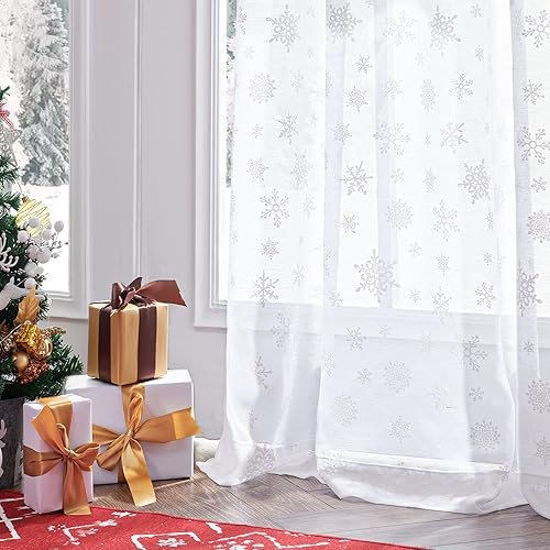 jinchan Cortinas de Navidad traslúcidas blancas con diseño de copo de nieve de 96 pulgadas de largo para sala de estar, cortinas de nieve con